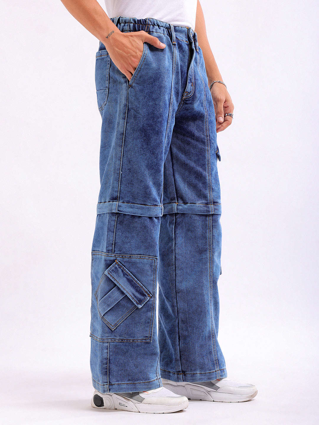 Men's Blue Wide Leg Fit Solid Utility Jeans - Image 5