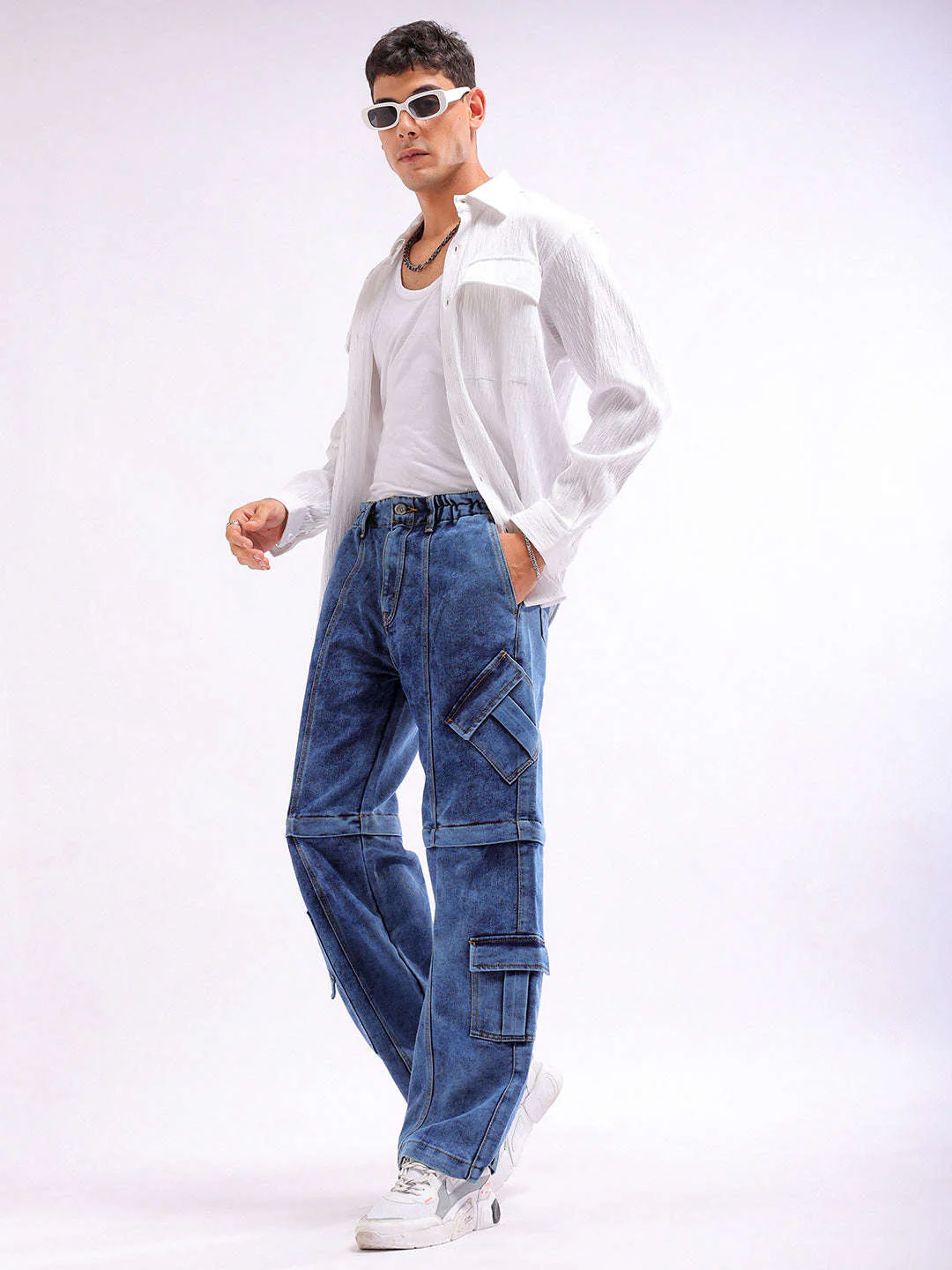 Men's Blue Wide Leg Fit Solid Utility Jeans - Image 9