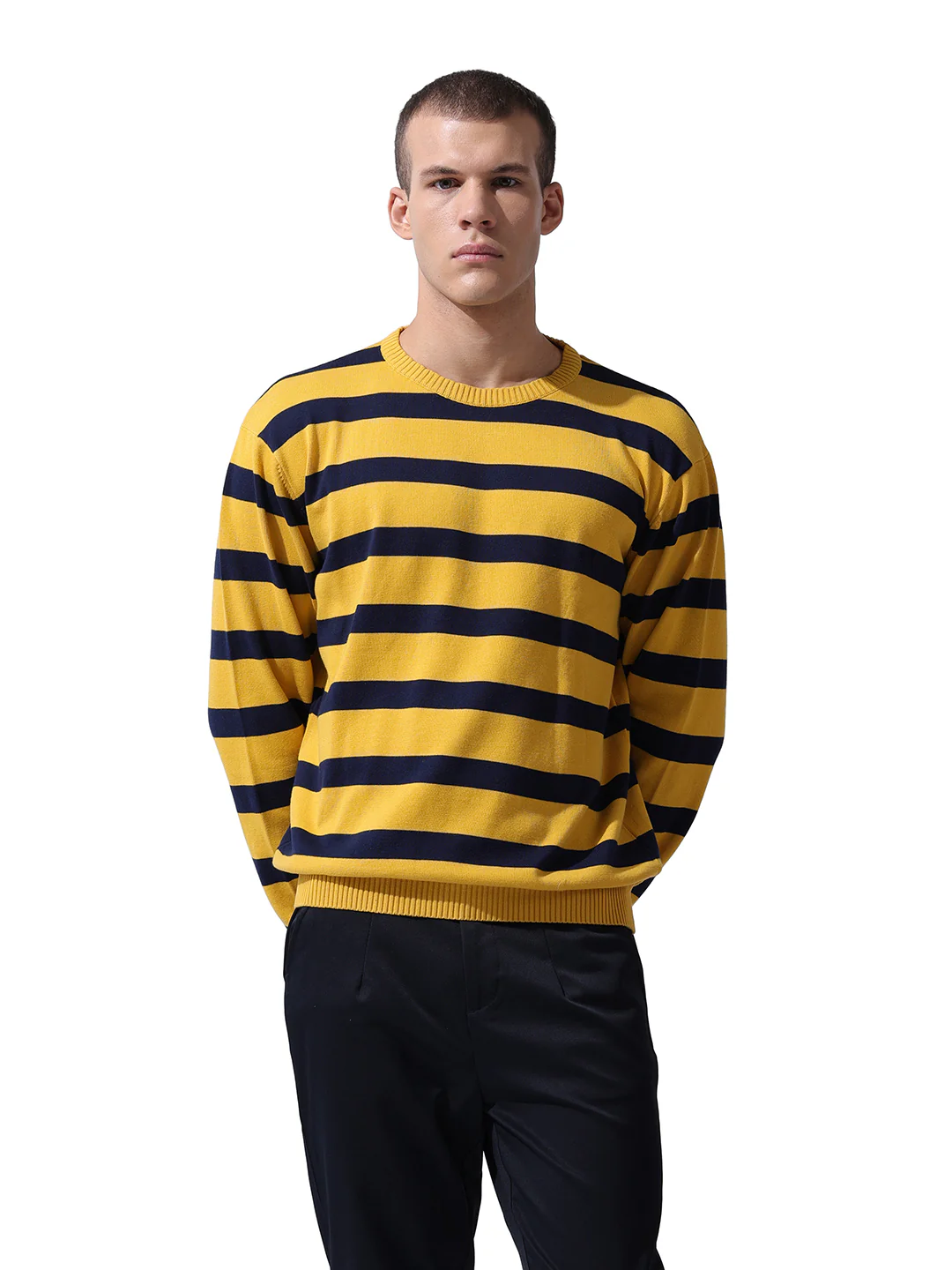 Men's Yellow Oversized Fit Striped Flat Knit Crew Neck T-Shirt - Image 10