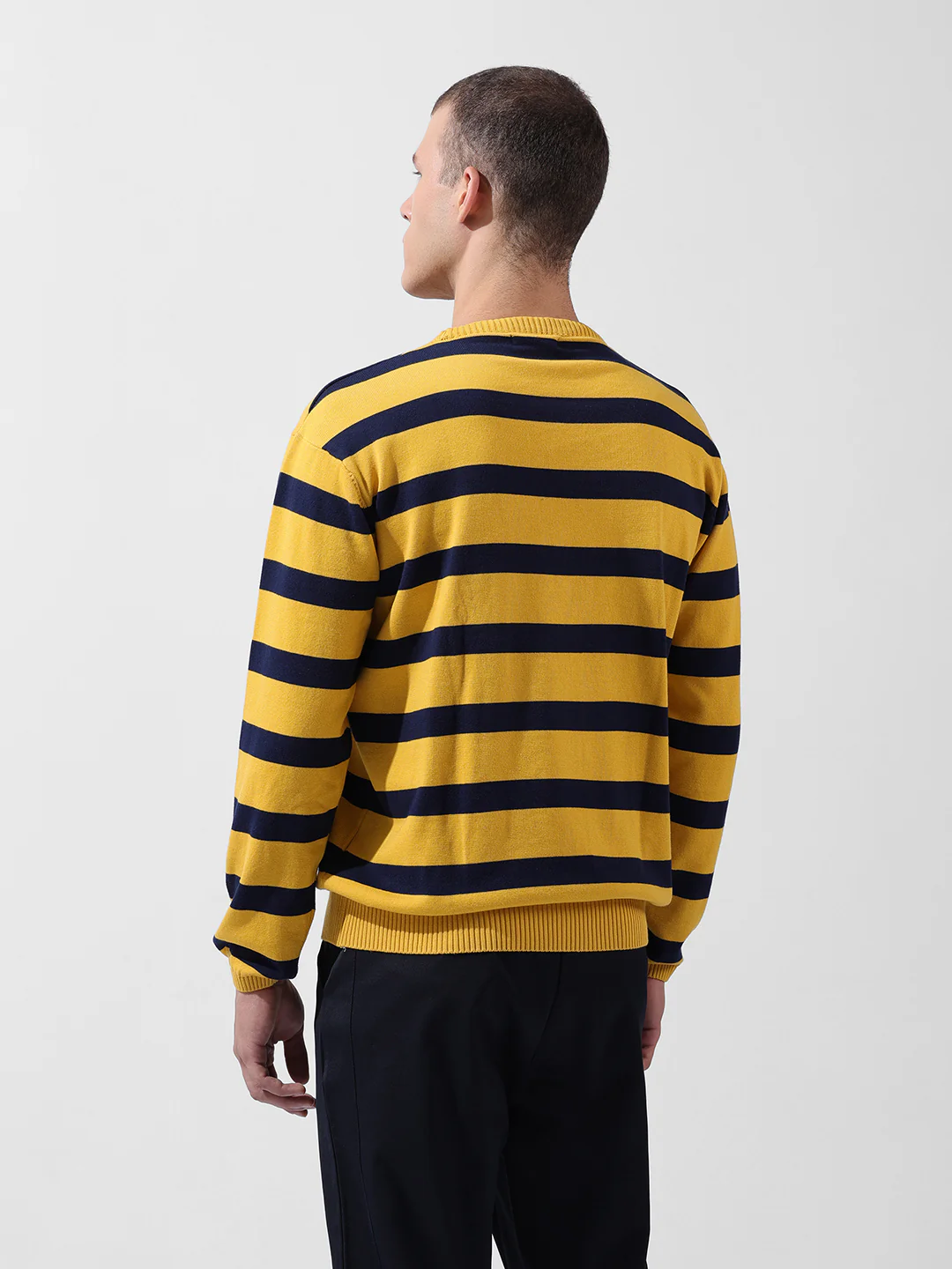 Men's Yellow Oversized Fit Striped Flat Knit Crew Neck T-Shirt - Image 2