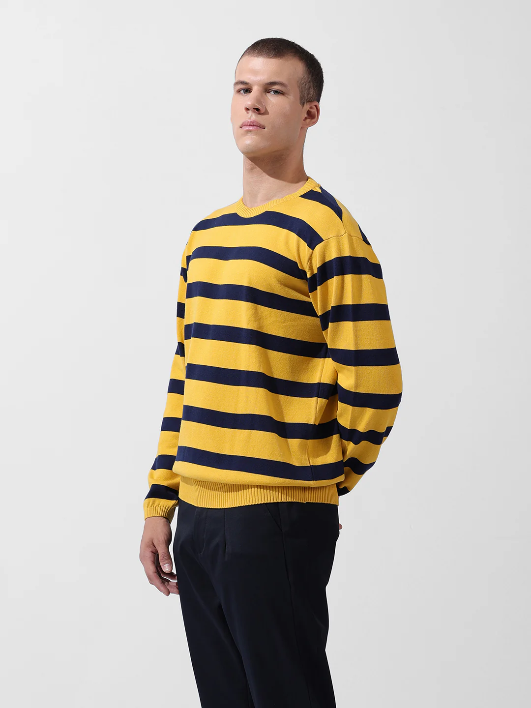 Men's Yellow Oversized Fit Striped Flat Knit Crew Neck T-Shirt - Image 3