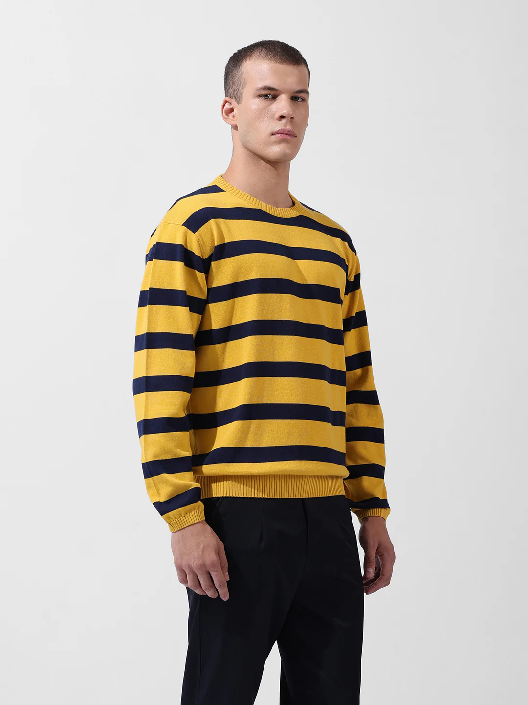 Men's Yellow Oversized Fit Striped Flat Knit Crew Neck T-Shirt - Image 4