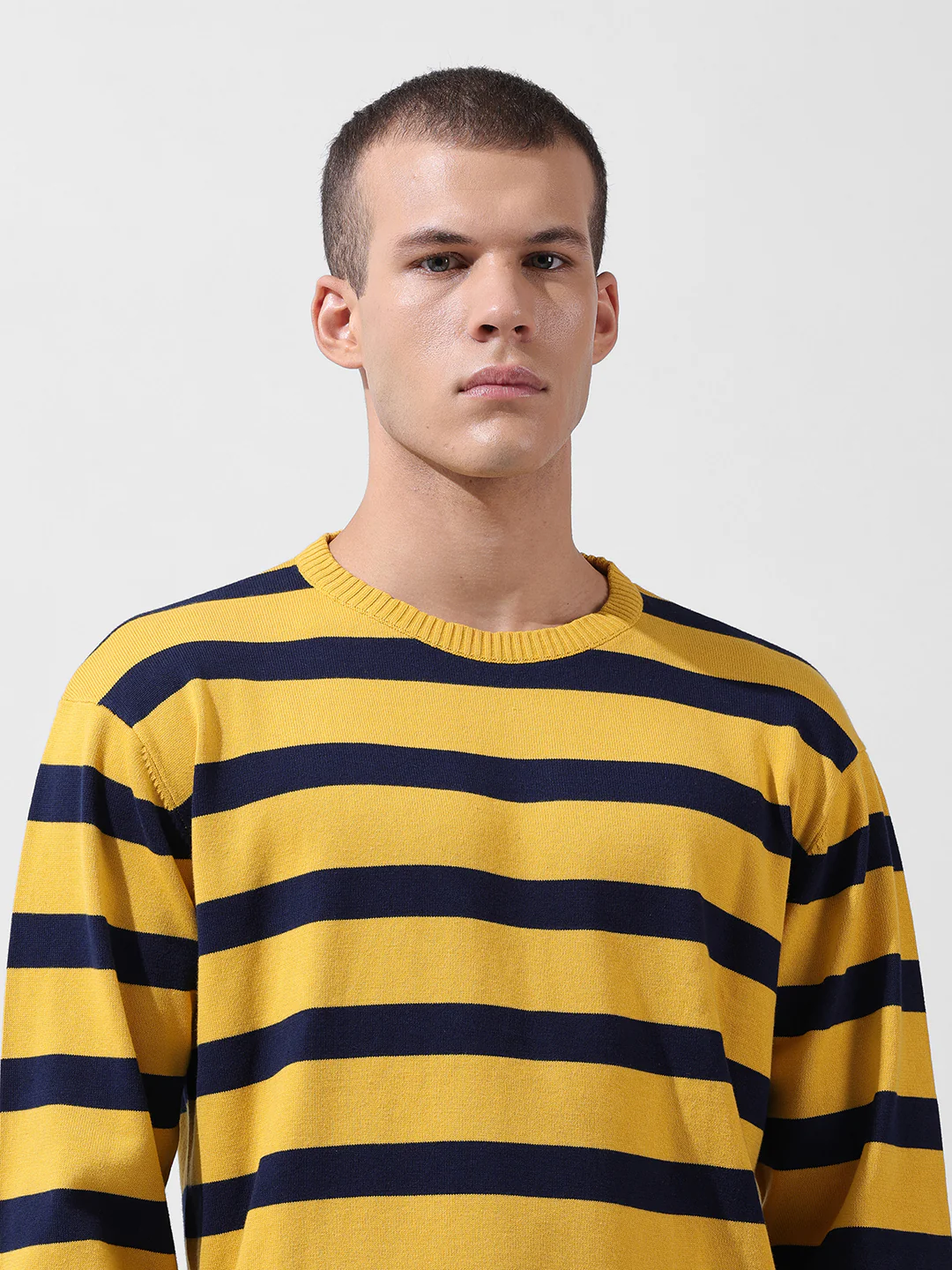 Men's Yellow Oversized Fit Striped Flat Knit Crew Neck T-Shirt - Image 5