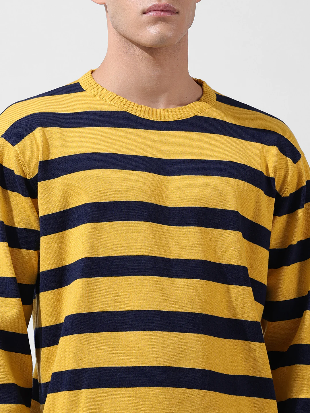 Men's Yellow Oversized Fit Striped Flat Knit Crew Neck T-Shirt - Image 6
