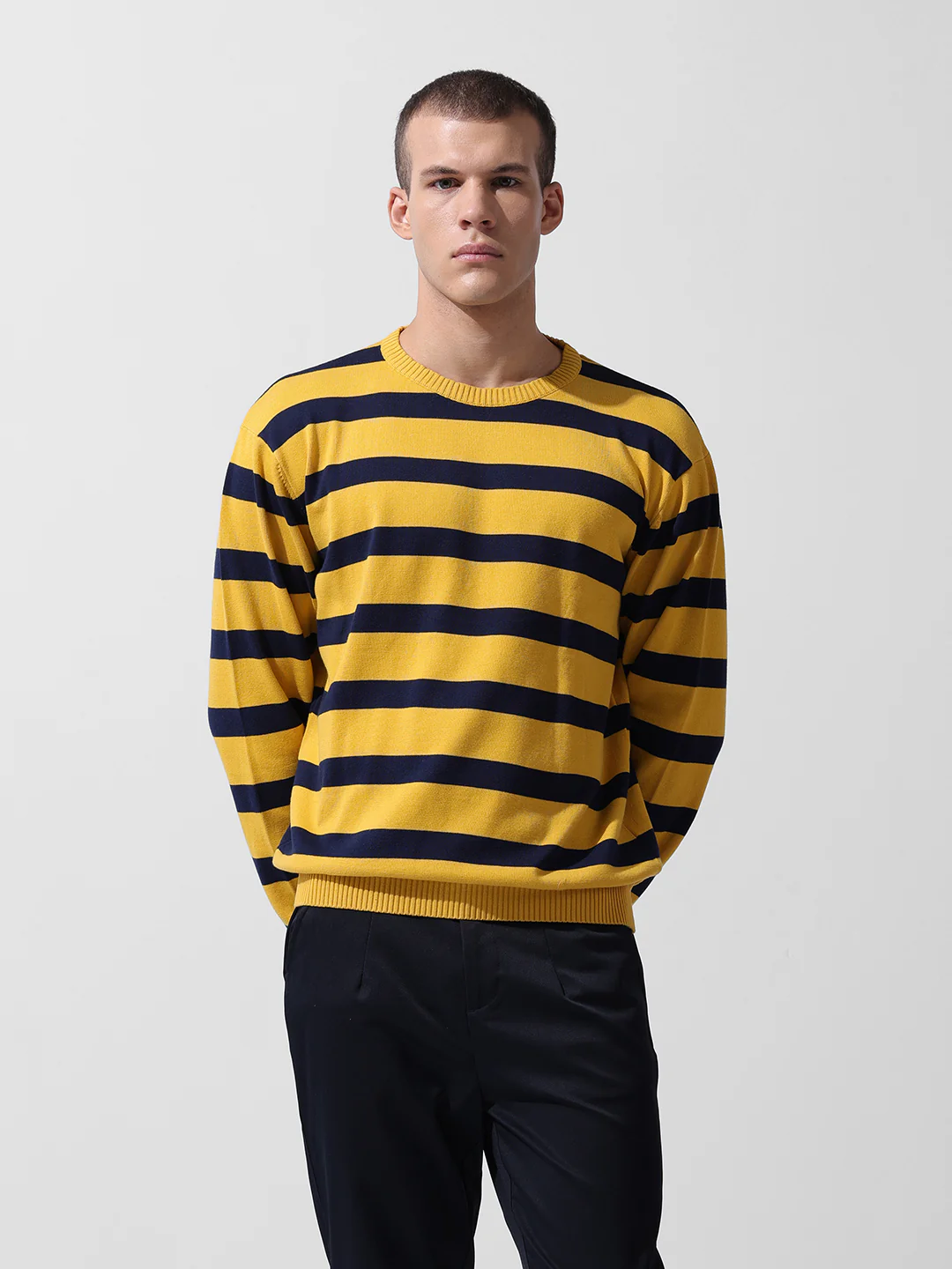 Men's Yellow Oversized Fit Striped Flat Knit Crew Neck T-Shirt - Image 7