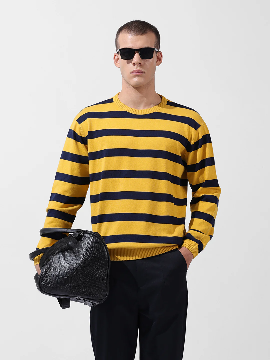 Men's Yellow Oversized Fit Striped Flat Knit Crew Neck T-Shirt - Image 8