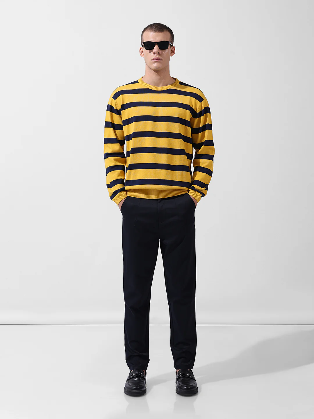 Men's Yellow Oversized Fit Striped Flat Knit Crew Neck T-Shirt - Image 9