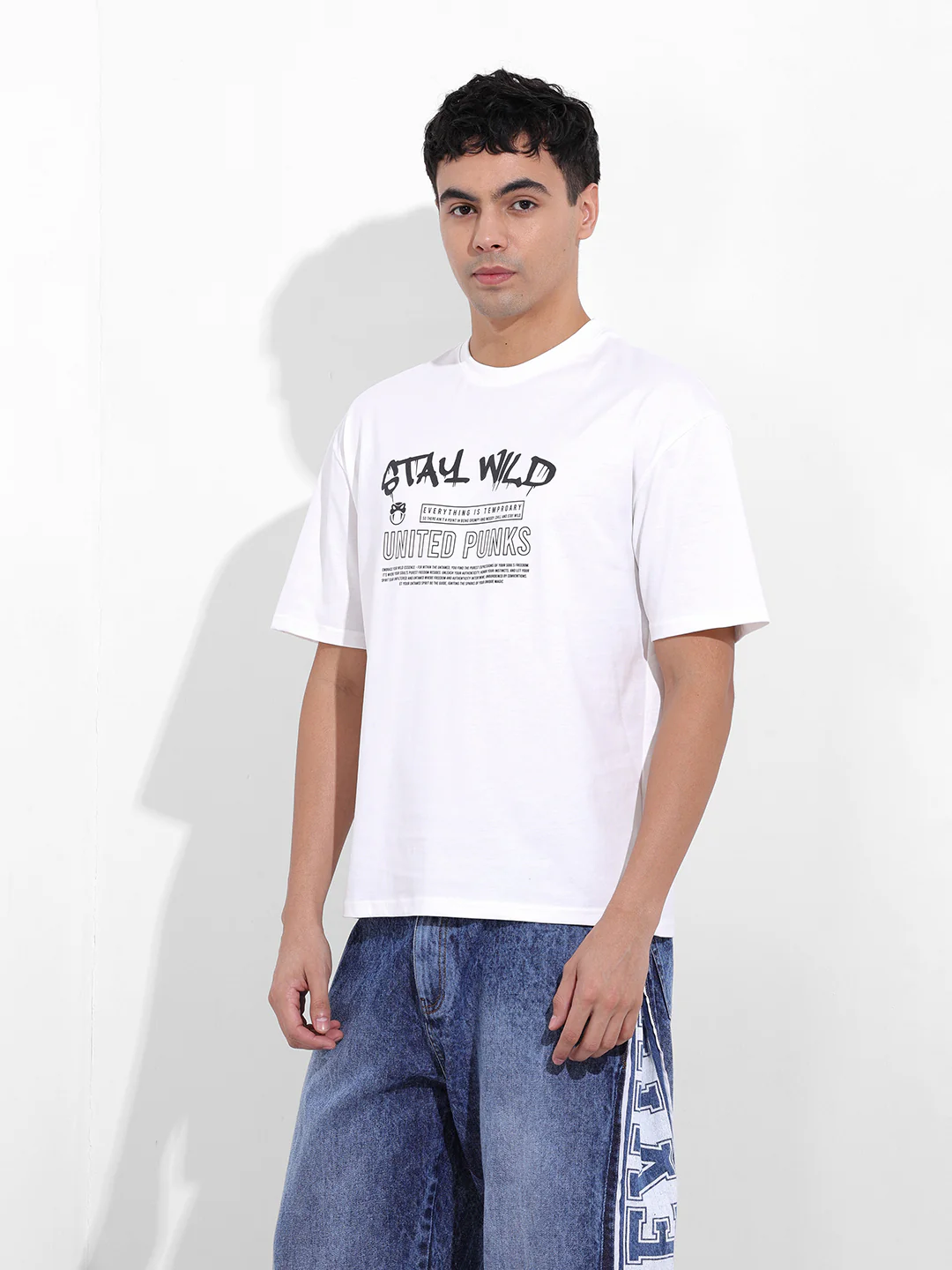 Men's White Boxy Fit Printed Casual T-Shirt - Image 3