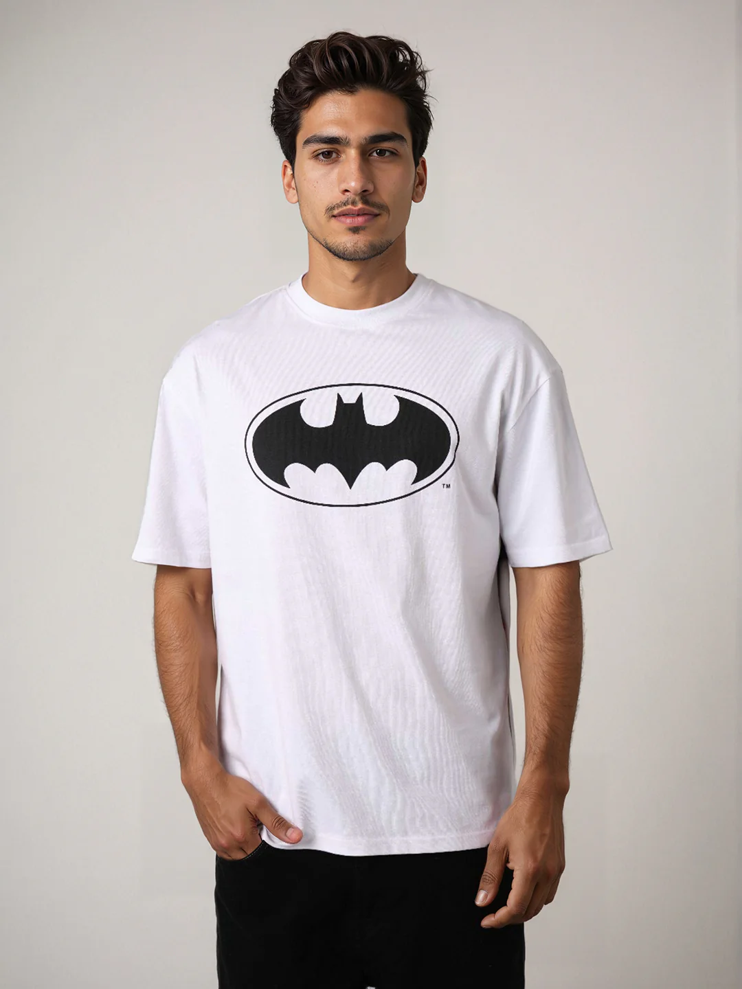 Men's White Boxy Fit Character Batman Printed Crew Neck T-Shirt - Image 2