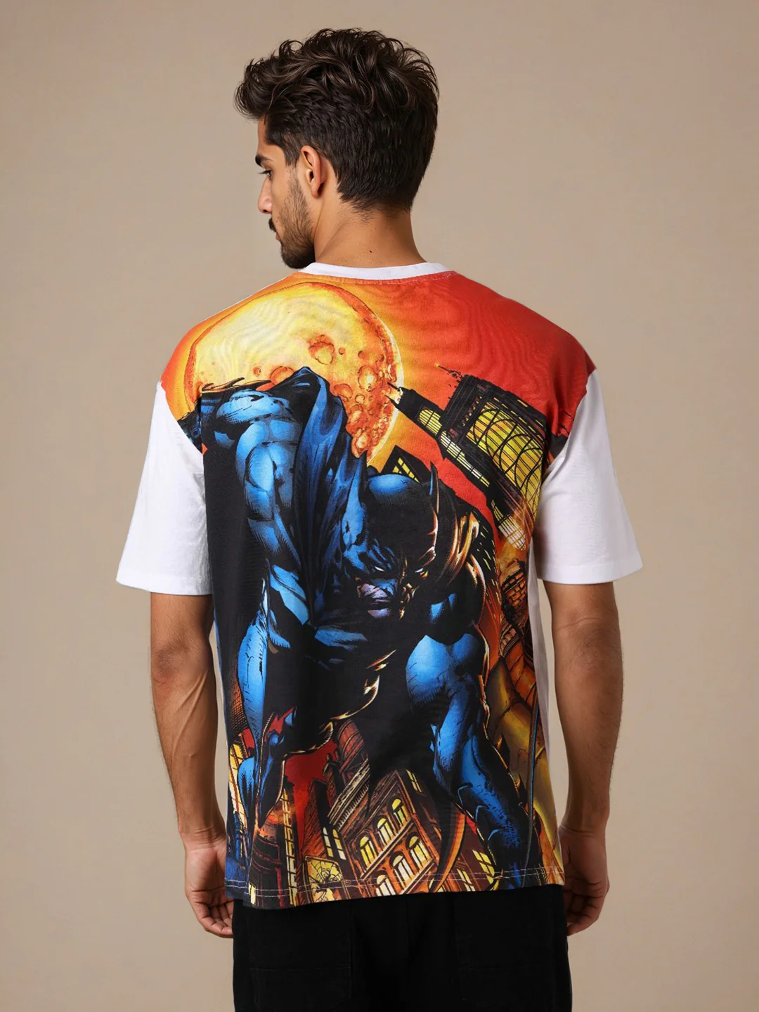 Men's White Boxy Fit Character Batman Printed Crew Neck T-Shirt - Image 3