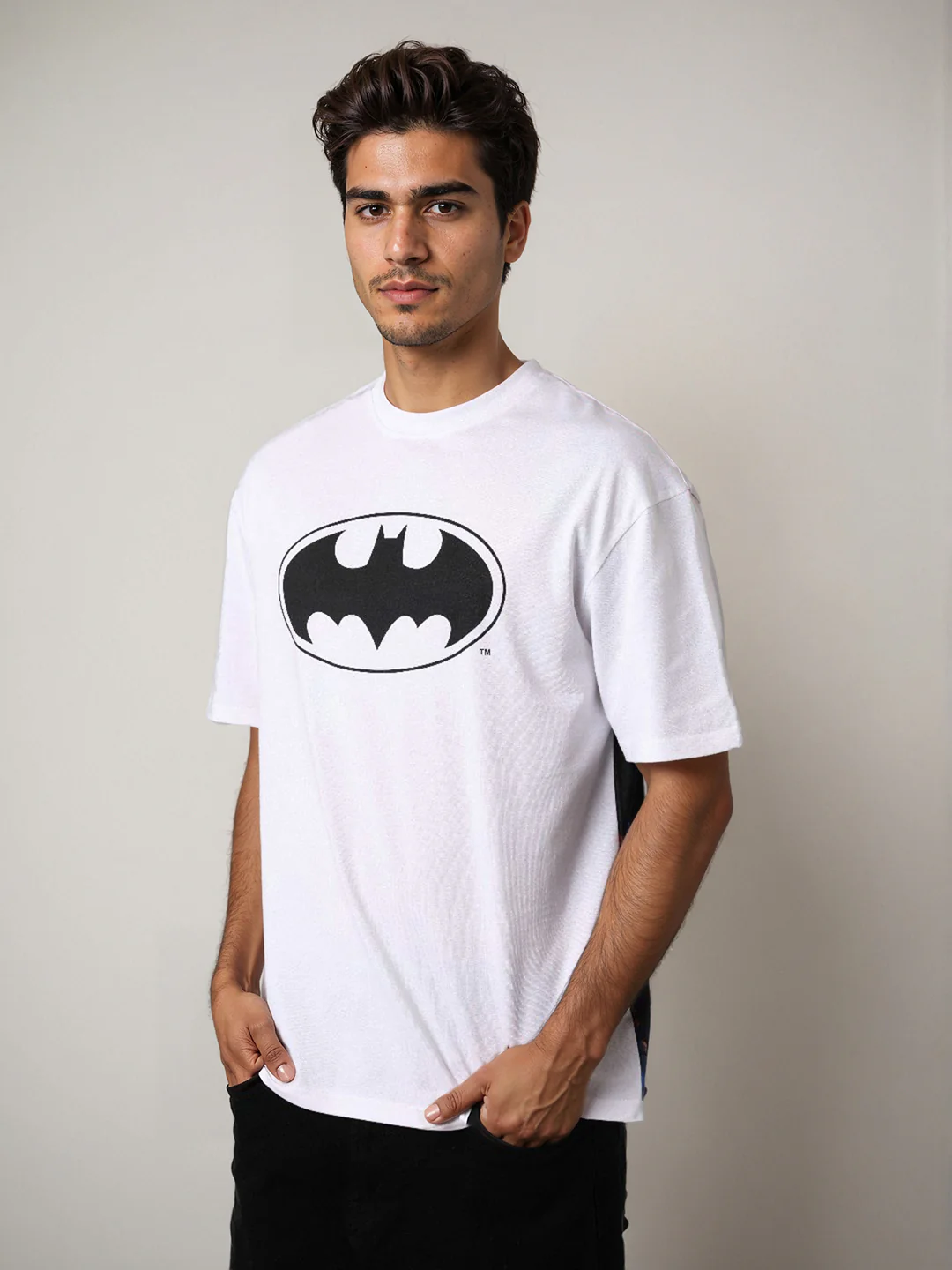 Men's White Boxy Fit Character Batman Printed Crew Neck T-Shirt - Image 4