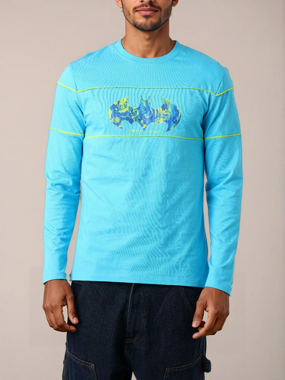 Men's Blue Slim Fit Character Batman Printed Crew Neck T-Shirt - Image 3