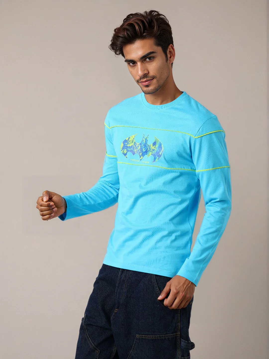 Men's Blue Slim Fit Character Batman Printed Crew Neck T-Shirt - Image 5