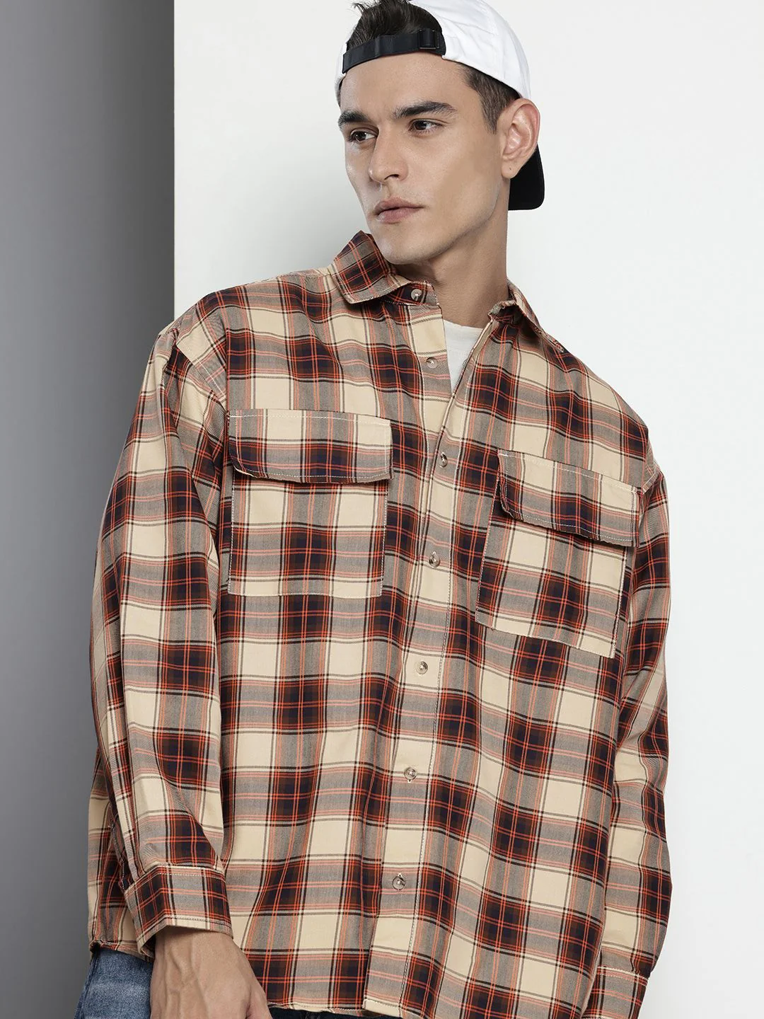 Men's Beige Oversized Fit Checkered Korean Street Shirt - Image 2