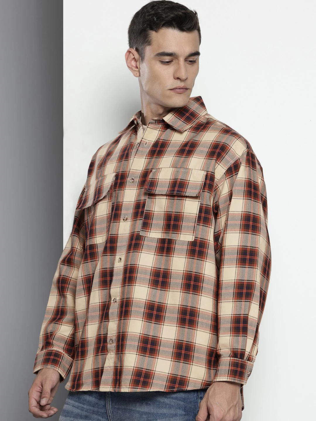 Men's Beige Oversized Fit Checkered Korean Street Shirt - Image 3