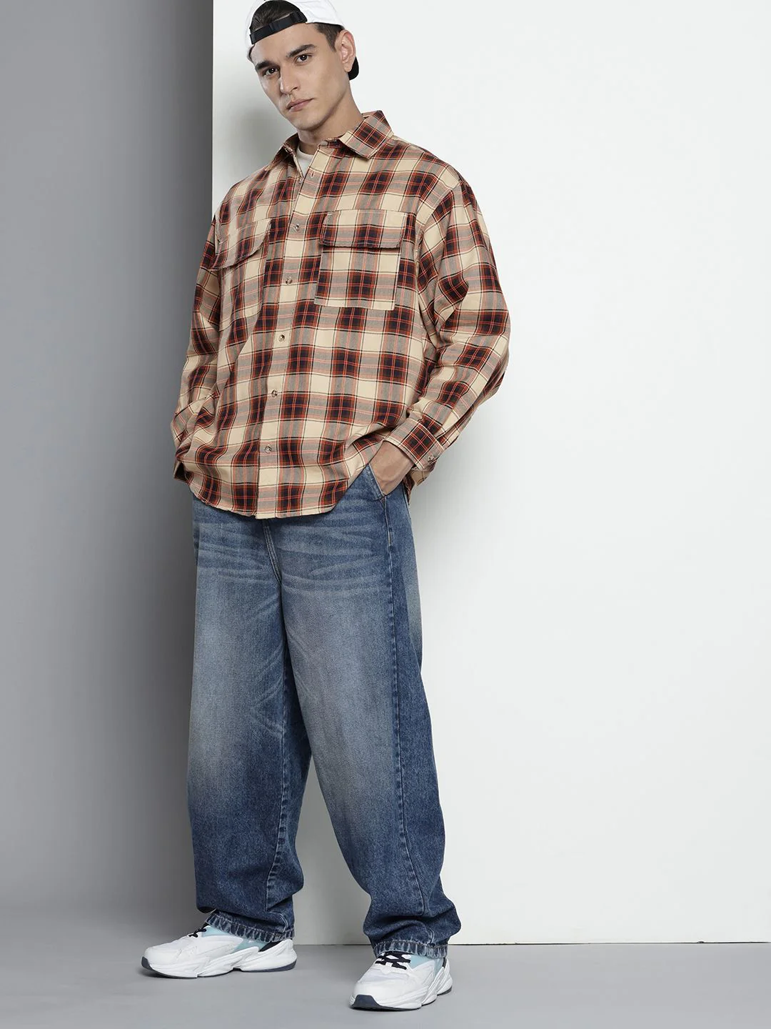 Men's Beige Oversized Fit Checkered Korean Street Shirt - Image 4