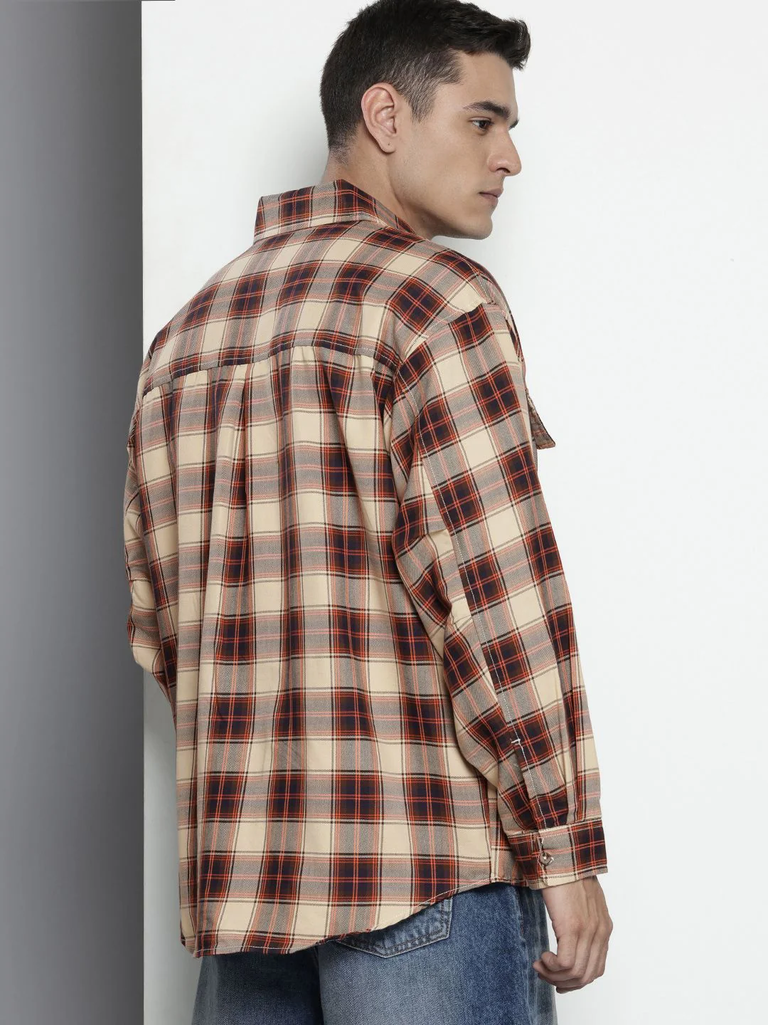 Men's Beige Oversized Fit Checkered Korean Street Shirt - Image 5