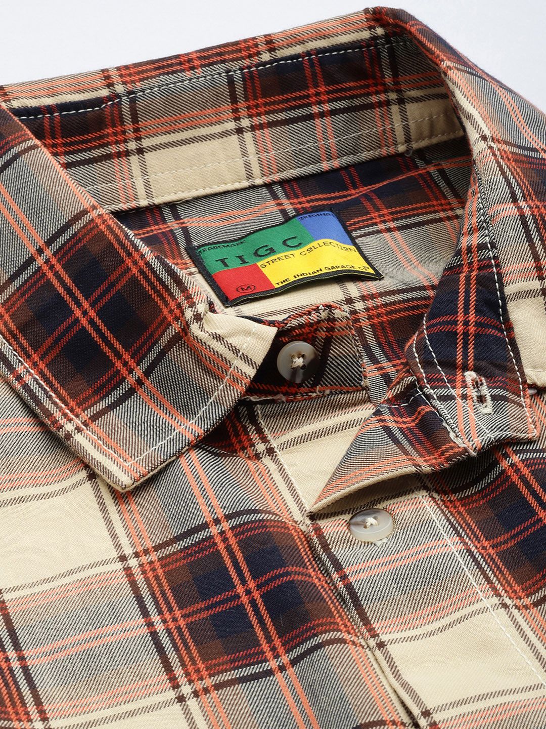 Men's Beige Oversized Fit Checkered Korean Street Shirt - Image 6