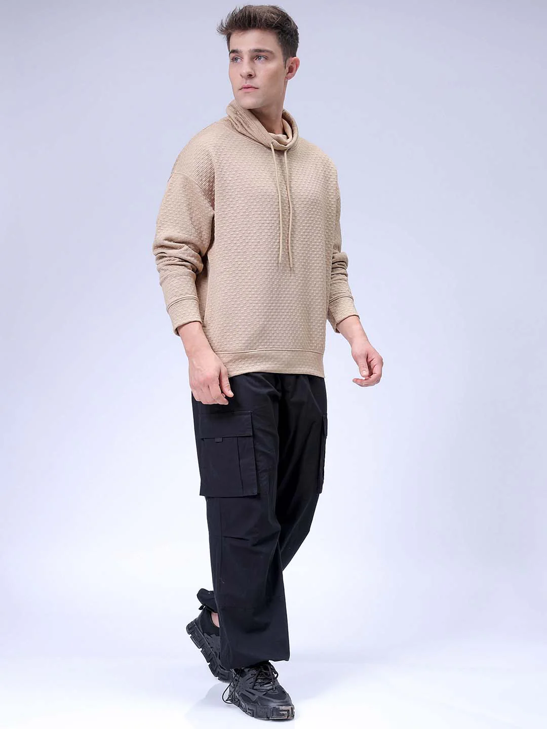 Men's Beige Relaxed Fit Solid Street Wear Sweatshirts - Image 4