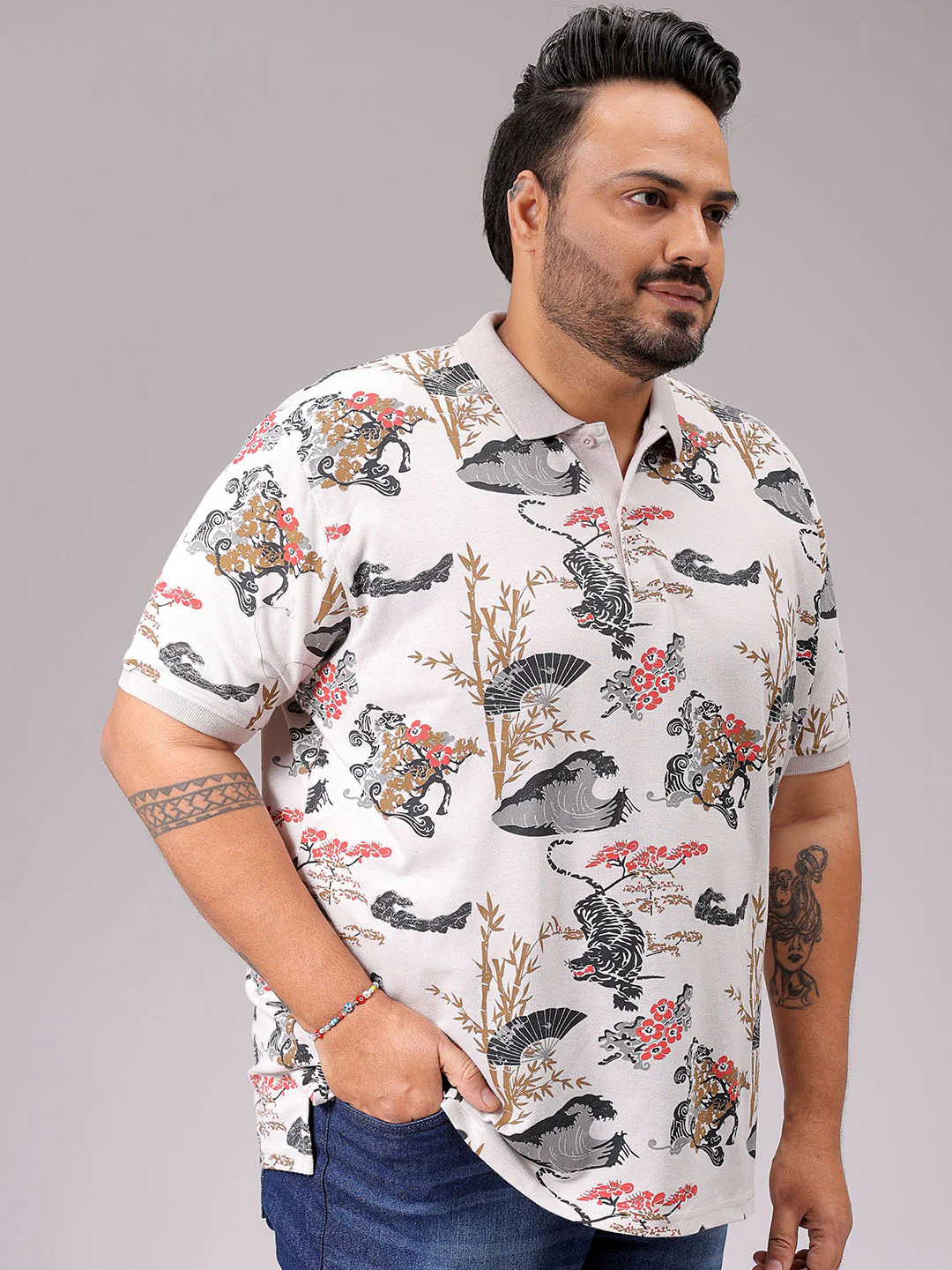 Men's Beige Regular Fit Printed Polo Plus Size T-shirt - Image 2