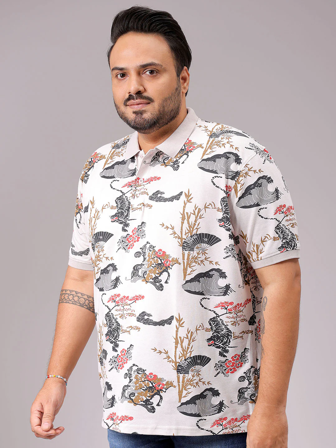 Men's Beige Regular Fit Printed Polo Plus Size T-shirt - Image 3