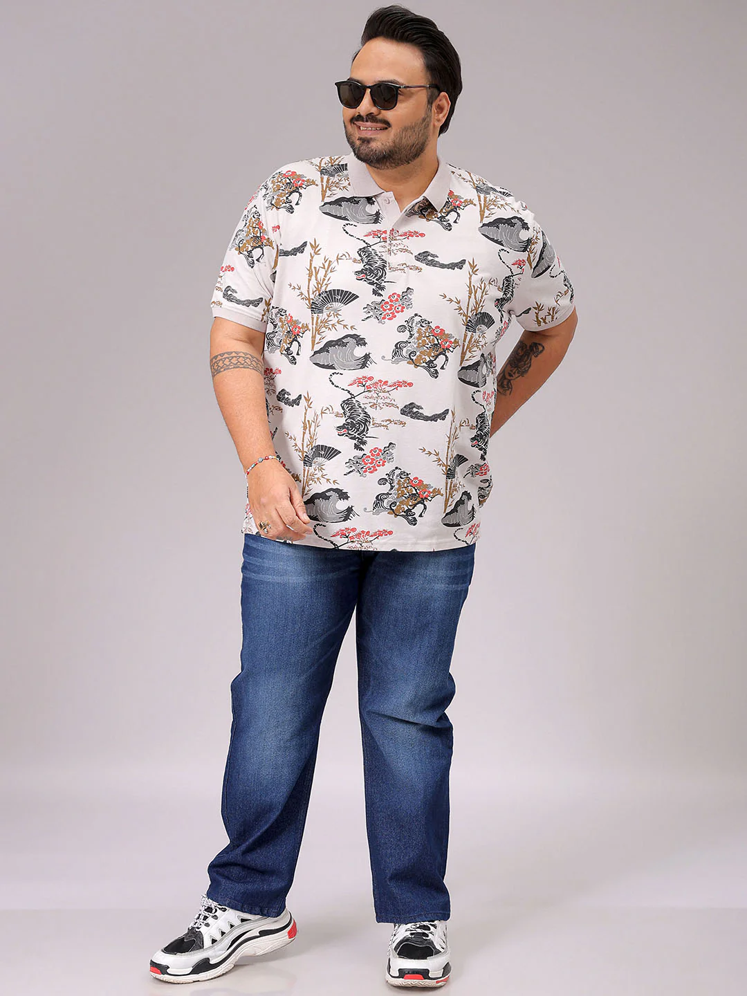 Men's Beige Regular Fit Printed Polo Plus Size T-shirt - Image 4