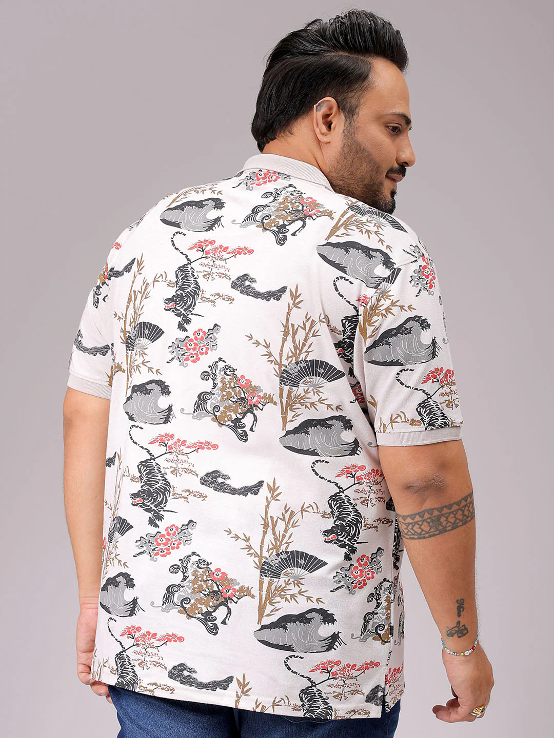 Men's Beige Regular Fit Printed Polo Plus Size T-shirt - Image 5