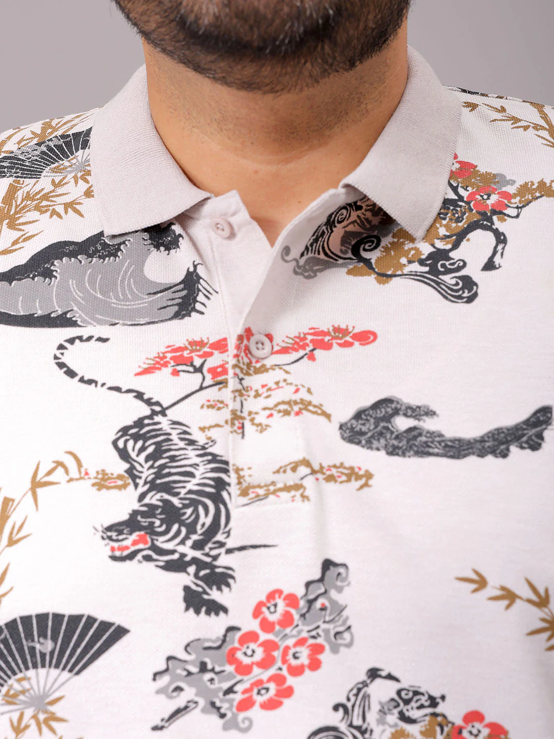 Men's Beige Regular Fit Printed Polo Plus Size T-shirt - Image 6