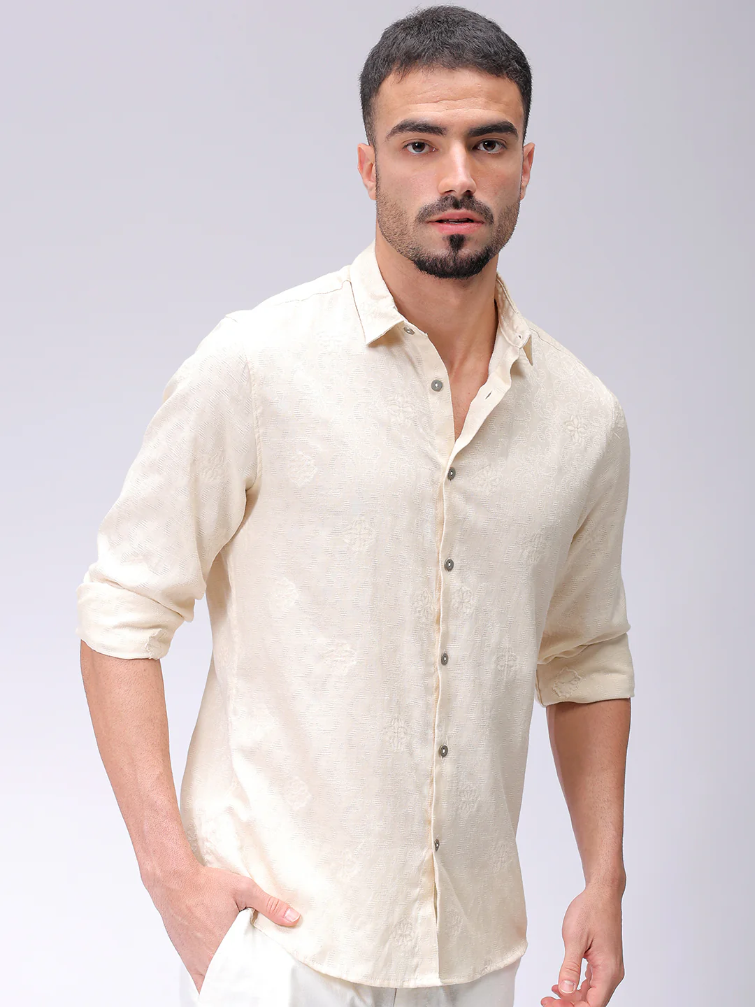 Men's Beige Regular Fit Solid Casual Shirt - Image 5