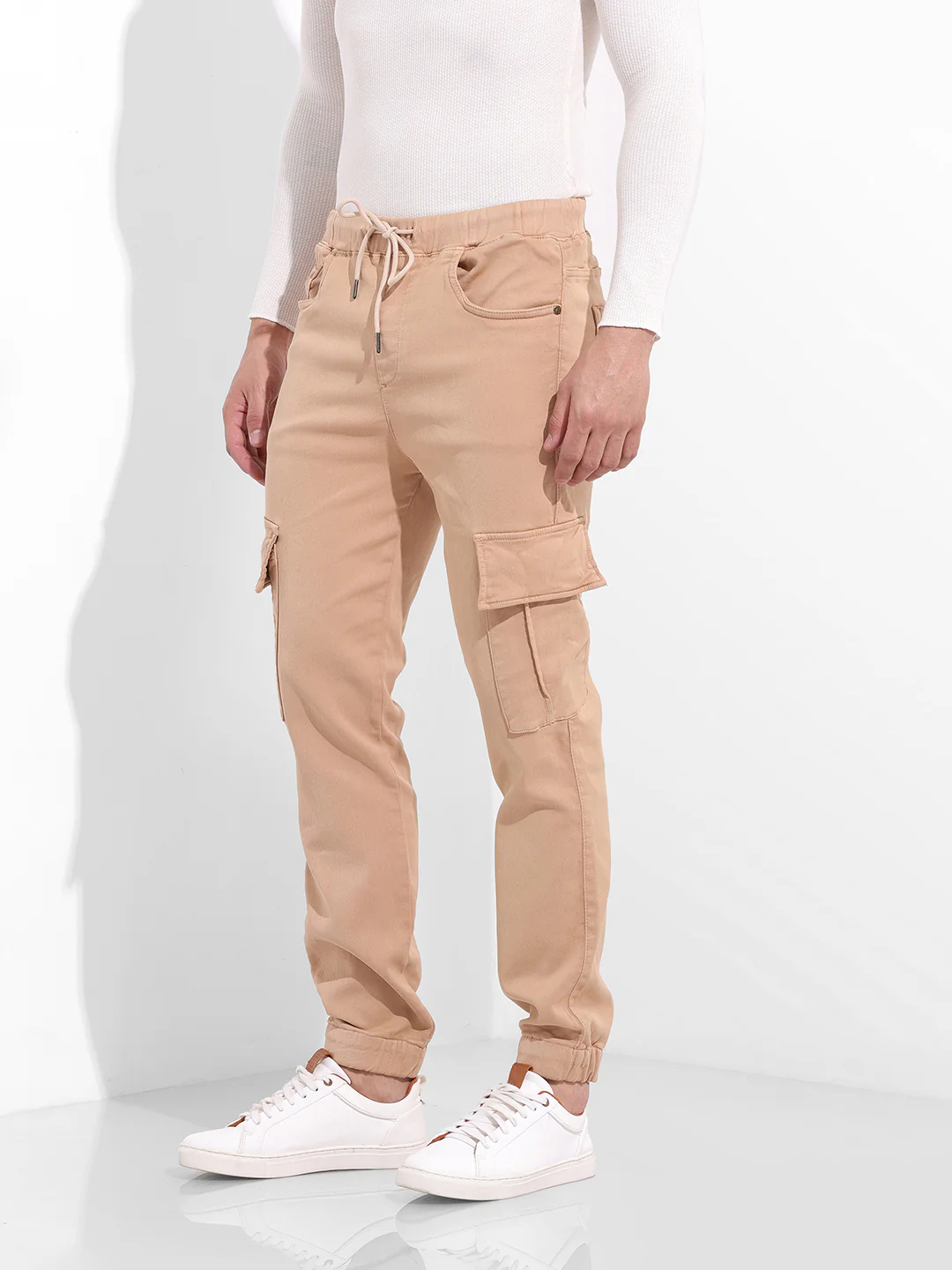 Men's Beige Regular Fit Solid Utility Jeans - Image 2