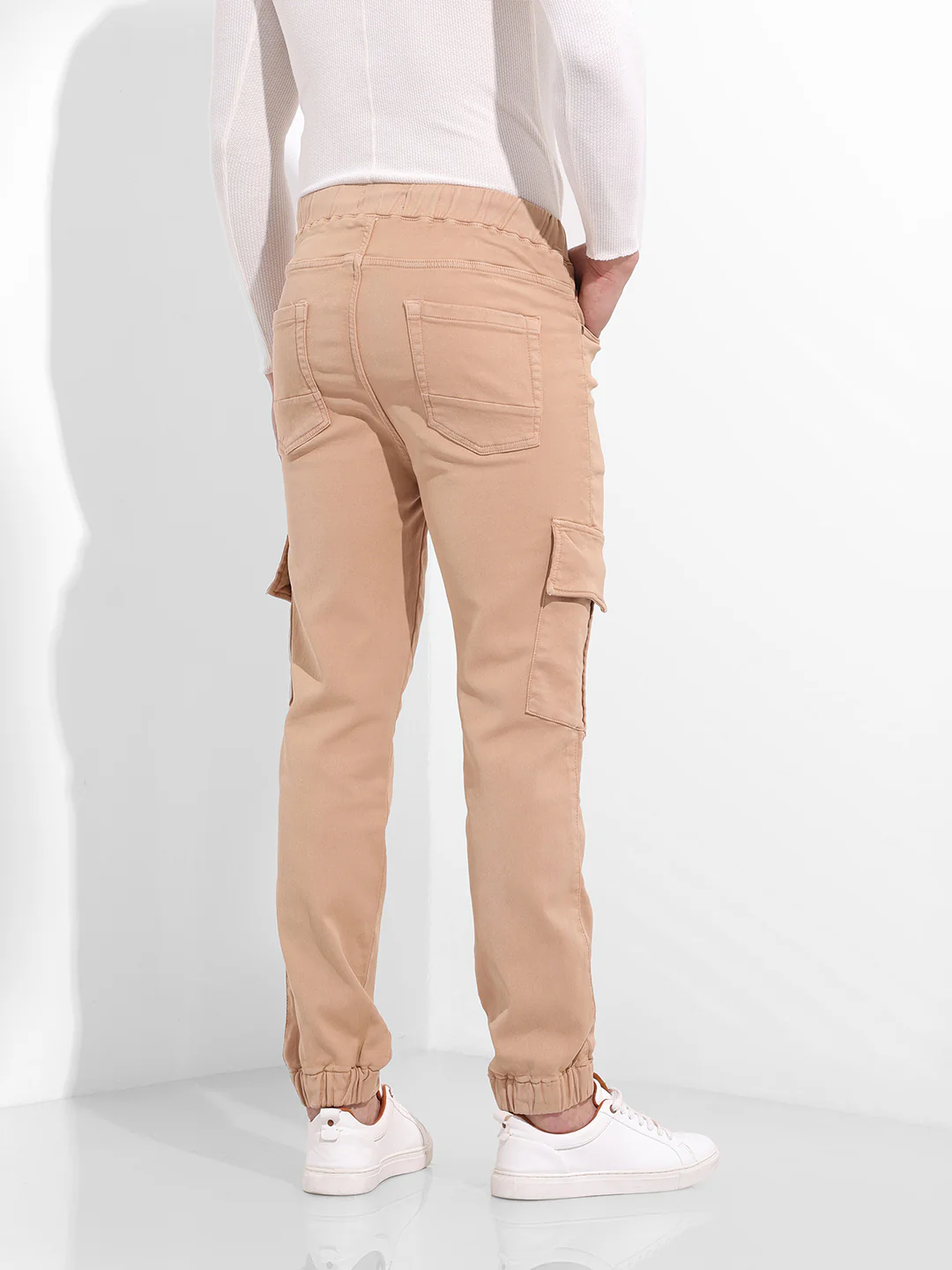 Men's Beige Regular Fit Solid Utility Jeans - Image 4