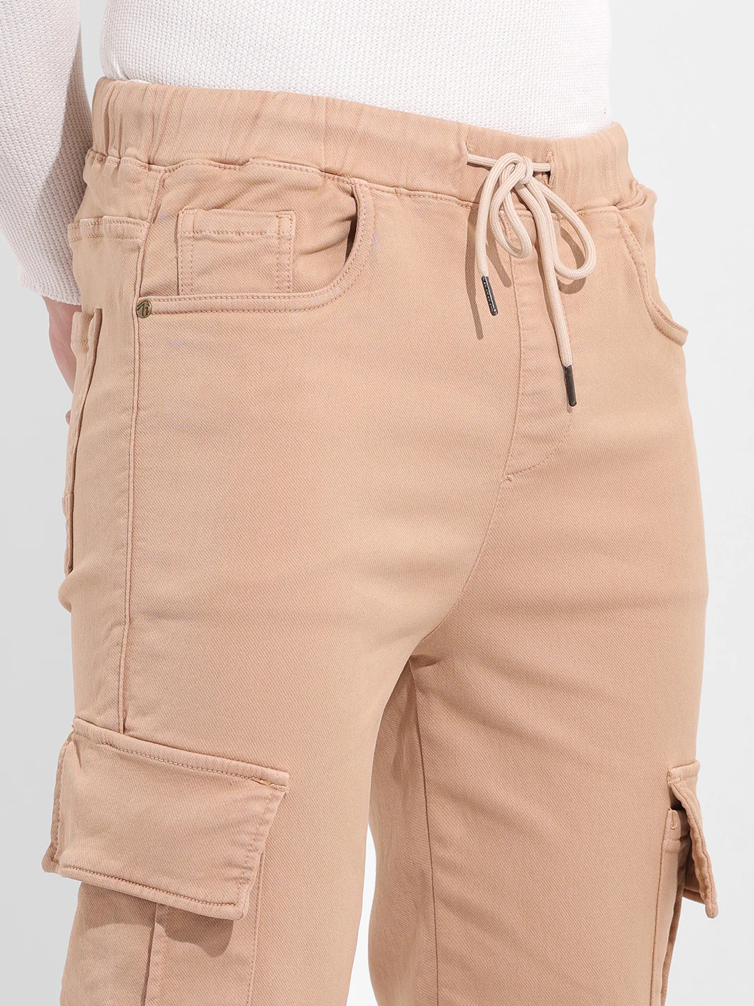Men's Beige Regular Fit Solid Utility Jeans - Image 5