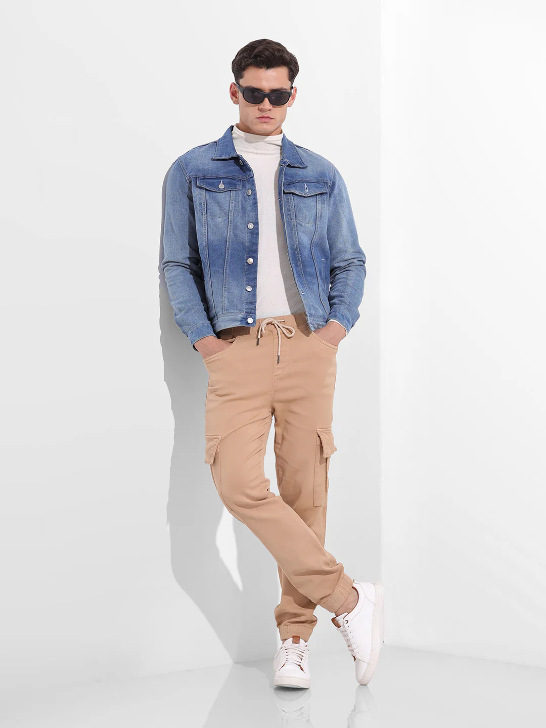 Men's Beige Regular Fit Solid Utility Jeans - Image 6