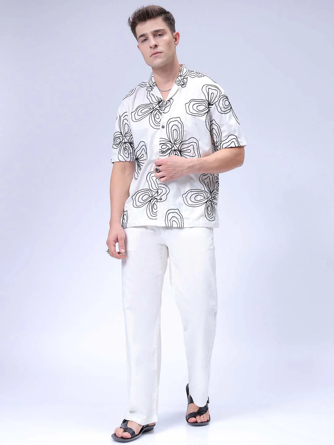 Men's White Relaxed Fit Textured Embroidered Shirt - Image 2