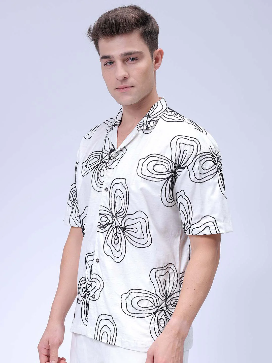 Men's White Relaxed Fit Textured Embroidered Shirt - Image 3