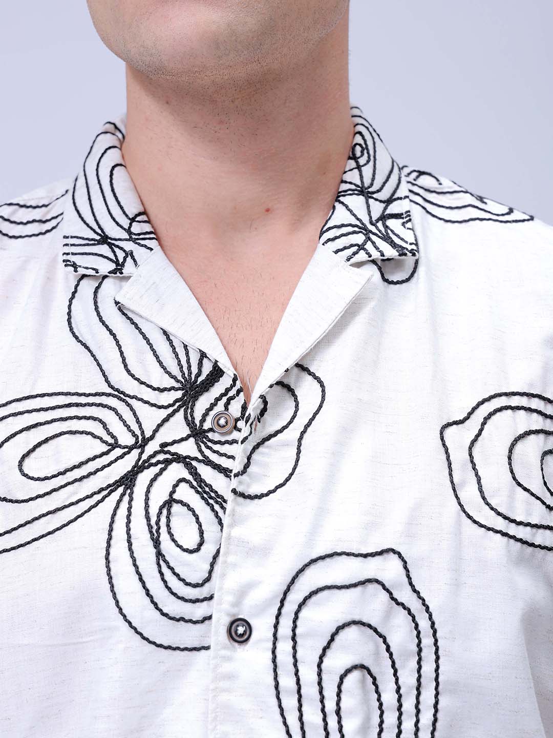 Men's White Relaxed Fit Textured Embroidered Shirt - Image 6