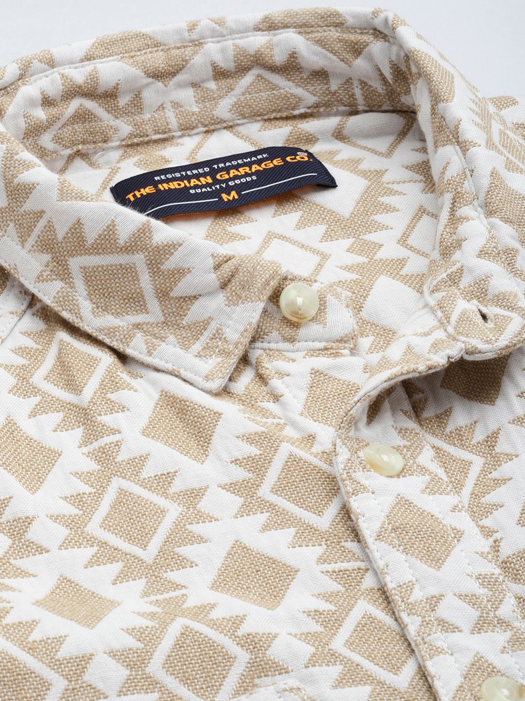 Men's Beige Relaxed Fit Geometric Print Vintage Shirt - Image 5