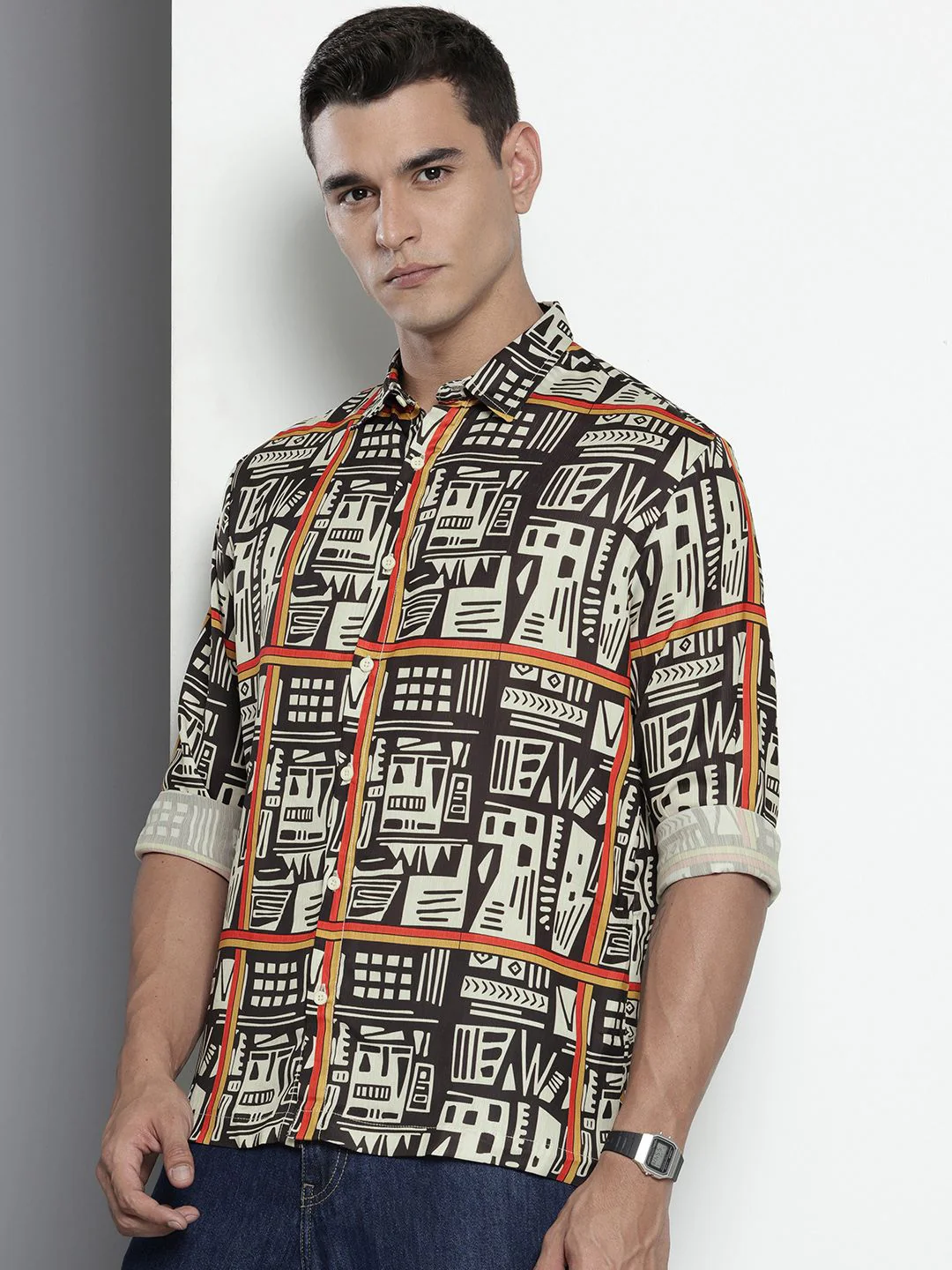 Men's Beige Black Relaxed Fit Geometric Print Resort Wear Shirt - Image 2