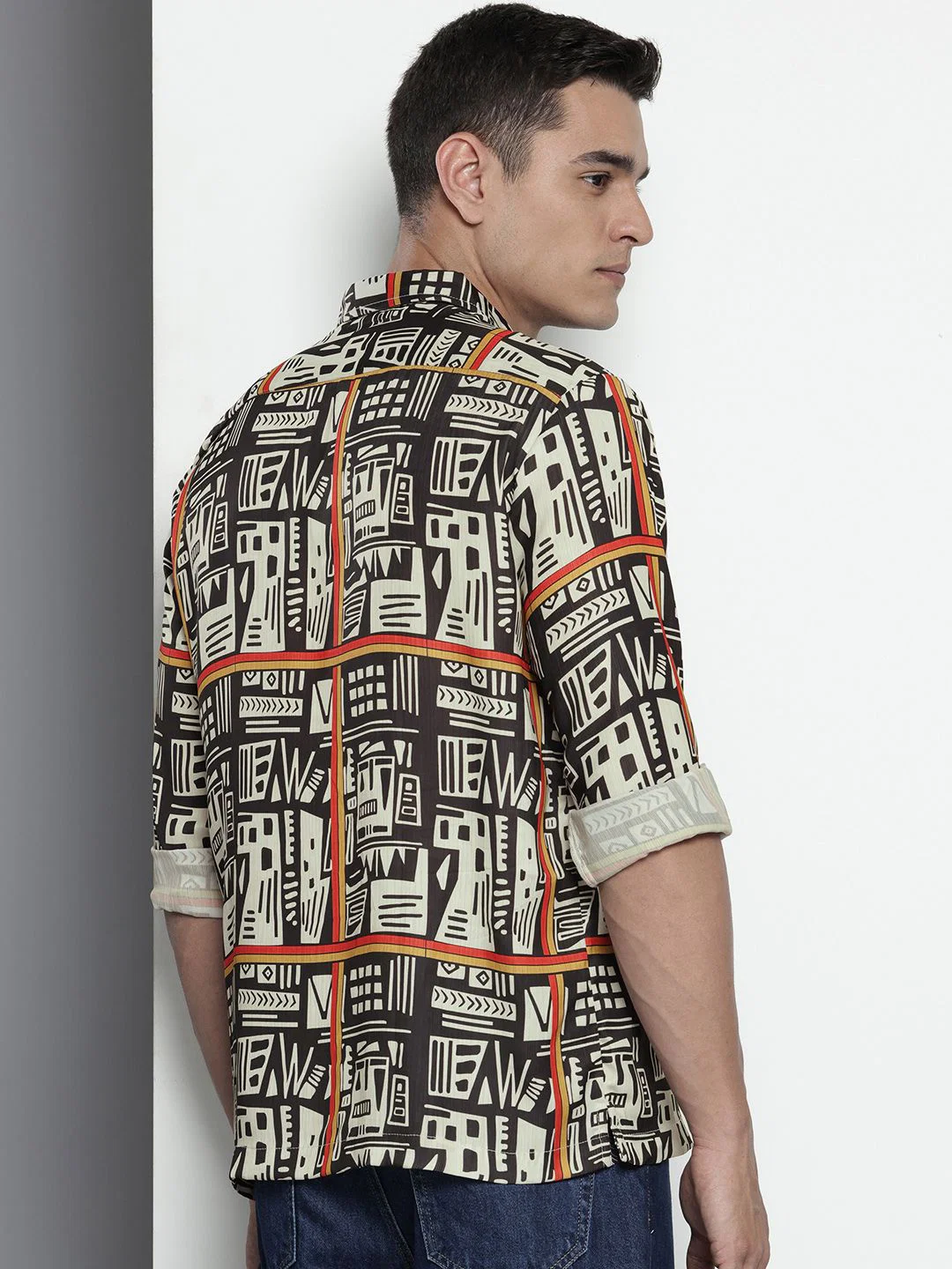 Men's Beige Black Relaxed Fit Geometric Print Resort Wear Shirt - Image 3