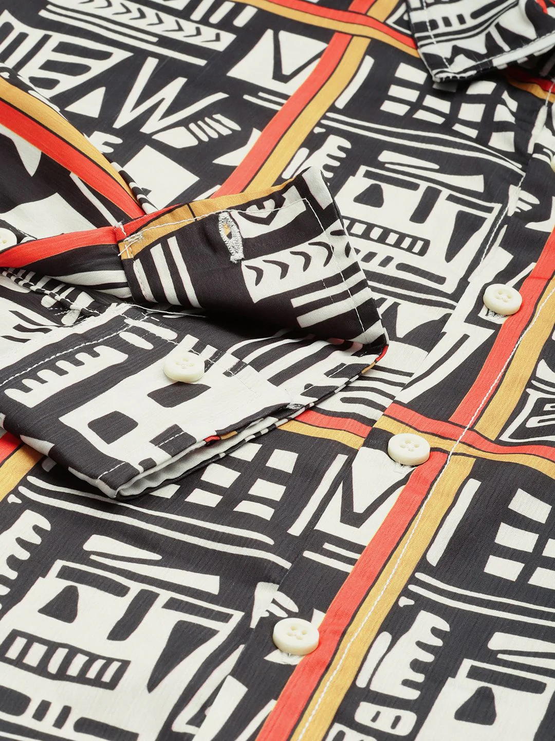 Men's Beige Black Relaxed Fit Geometric Print Resort Wear Shirt - Image 6