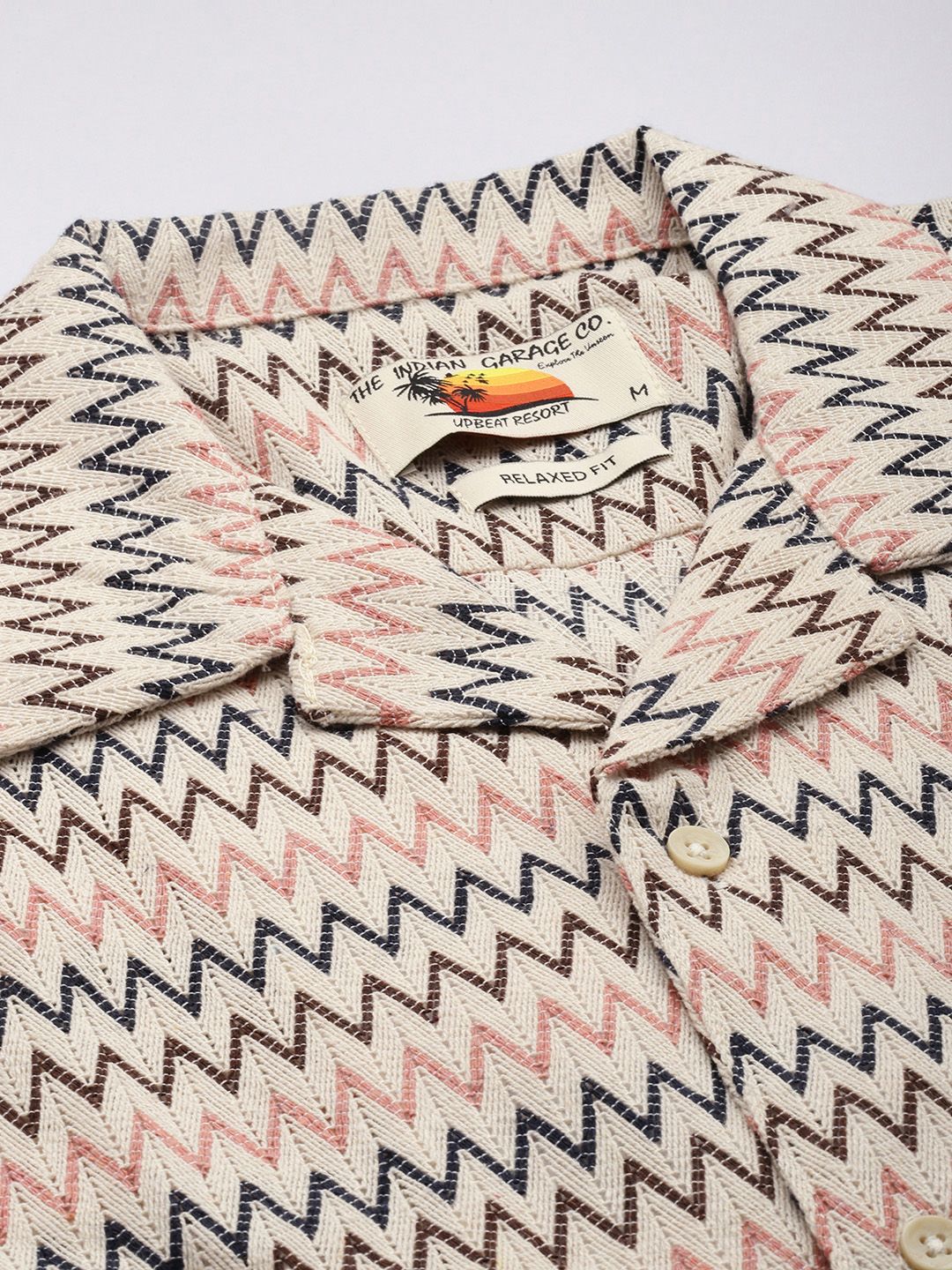 Men's Beige Relaxed Fit Geometric Print Resort Wear Shirt - Image 5