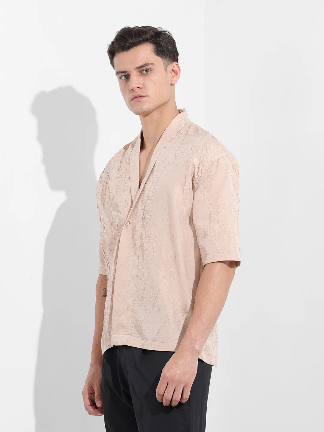 Men's Beige Relaxed Fit Textured Party Wear Shirt - Image 2