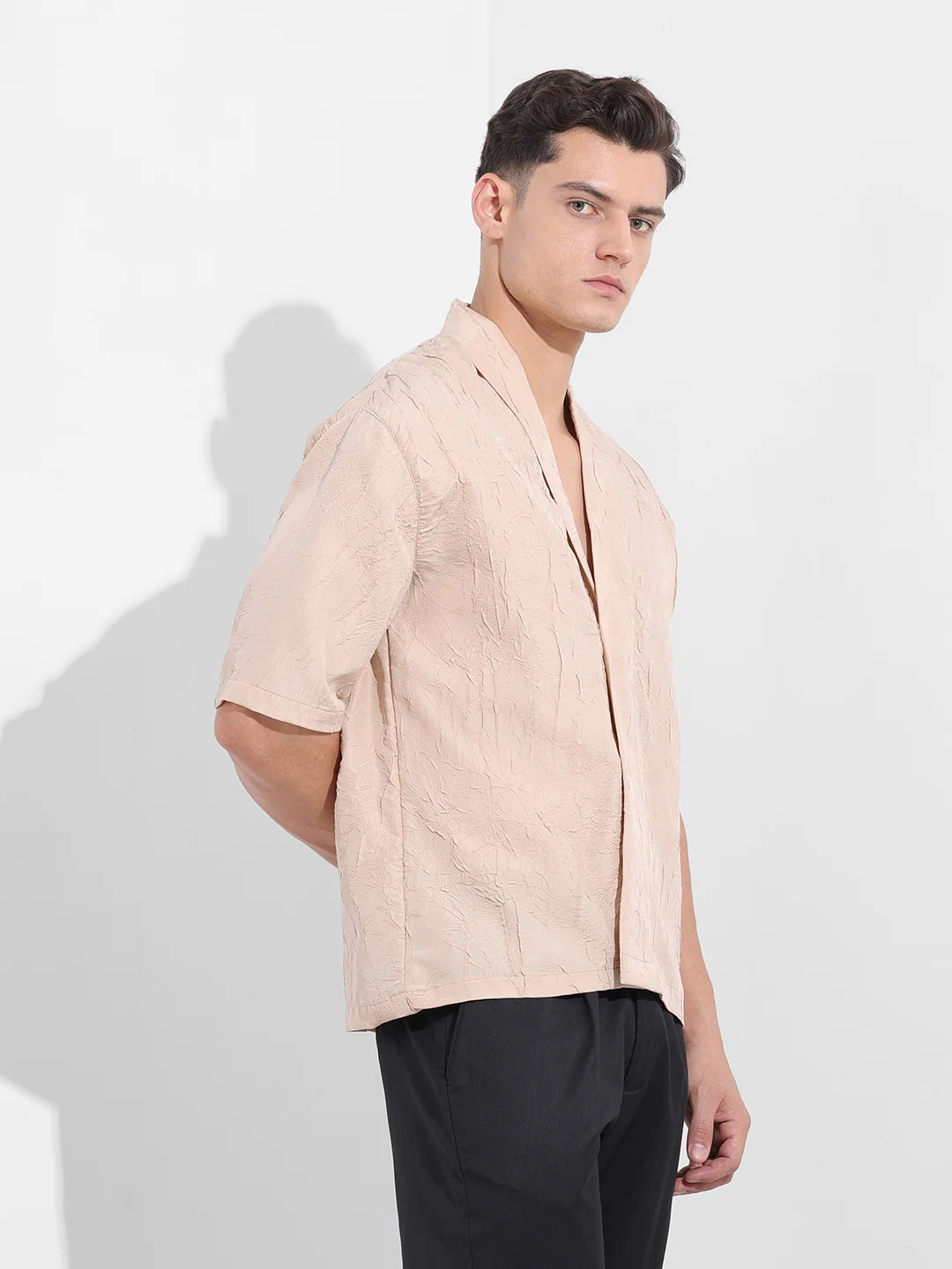 Men's Beige Relaxed Fit Textured Party Wear Shirt - Image 3