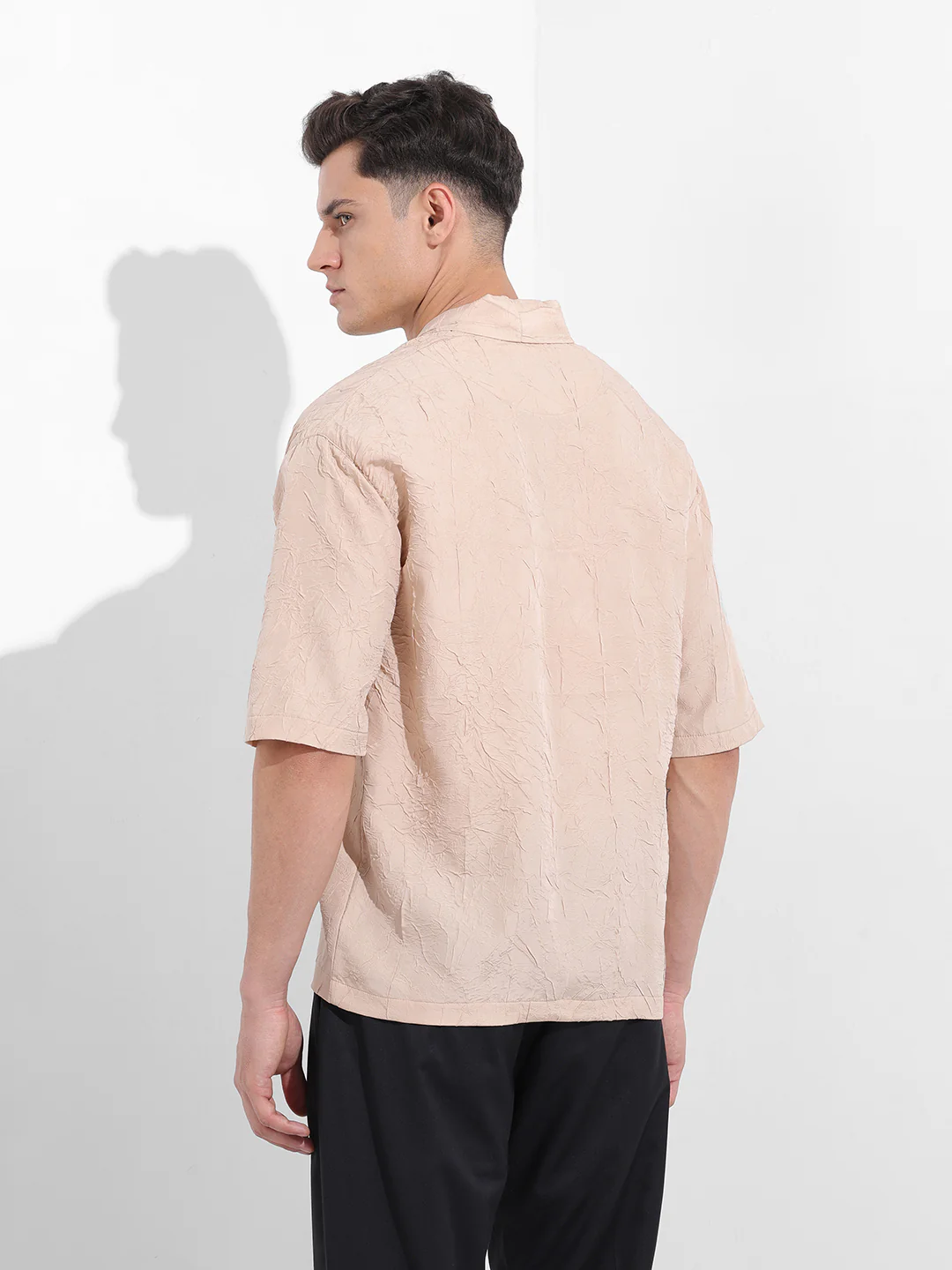 Men's Beige Relaxed Fit Textured Party Wear Shirt - Image 4