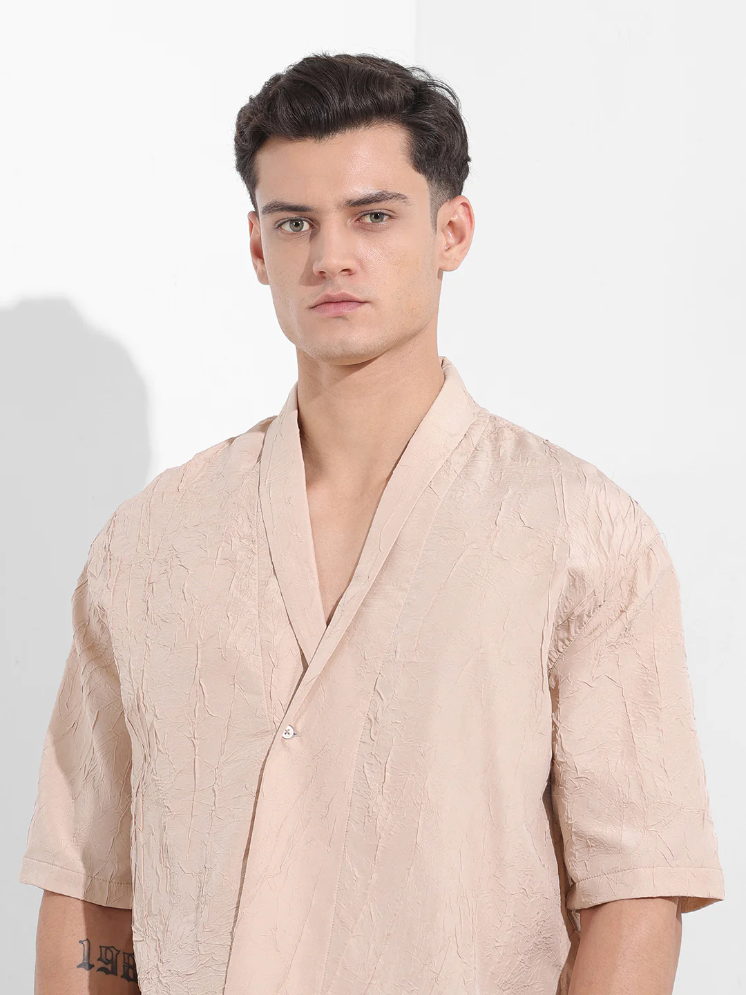 Men's Beige Relaxed Fit Textured Party Wear Shirt - Image 5