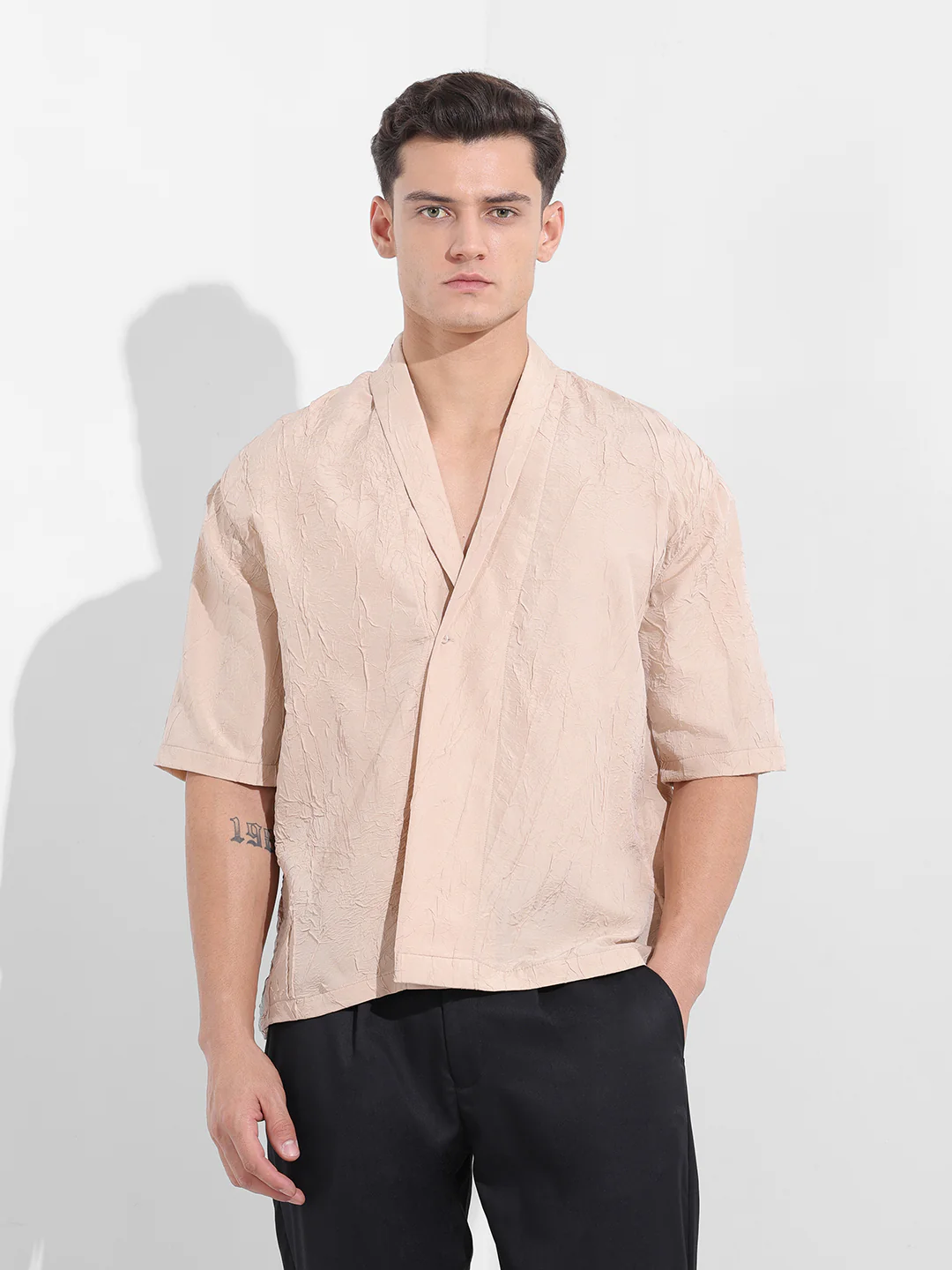 Men's Beige Relaxed Fit Textured Party Wear Shirt - Image 7