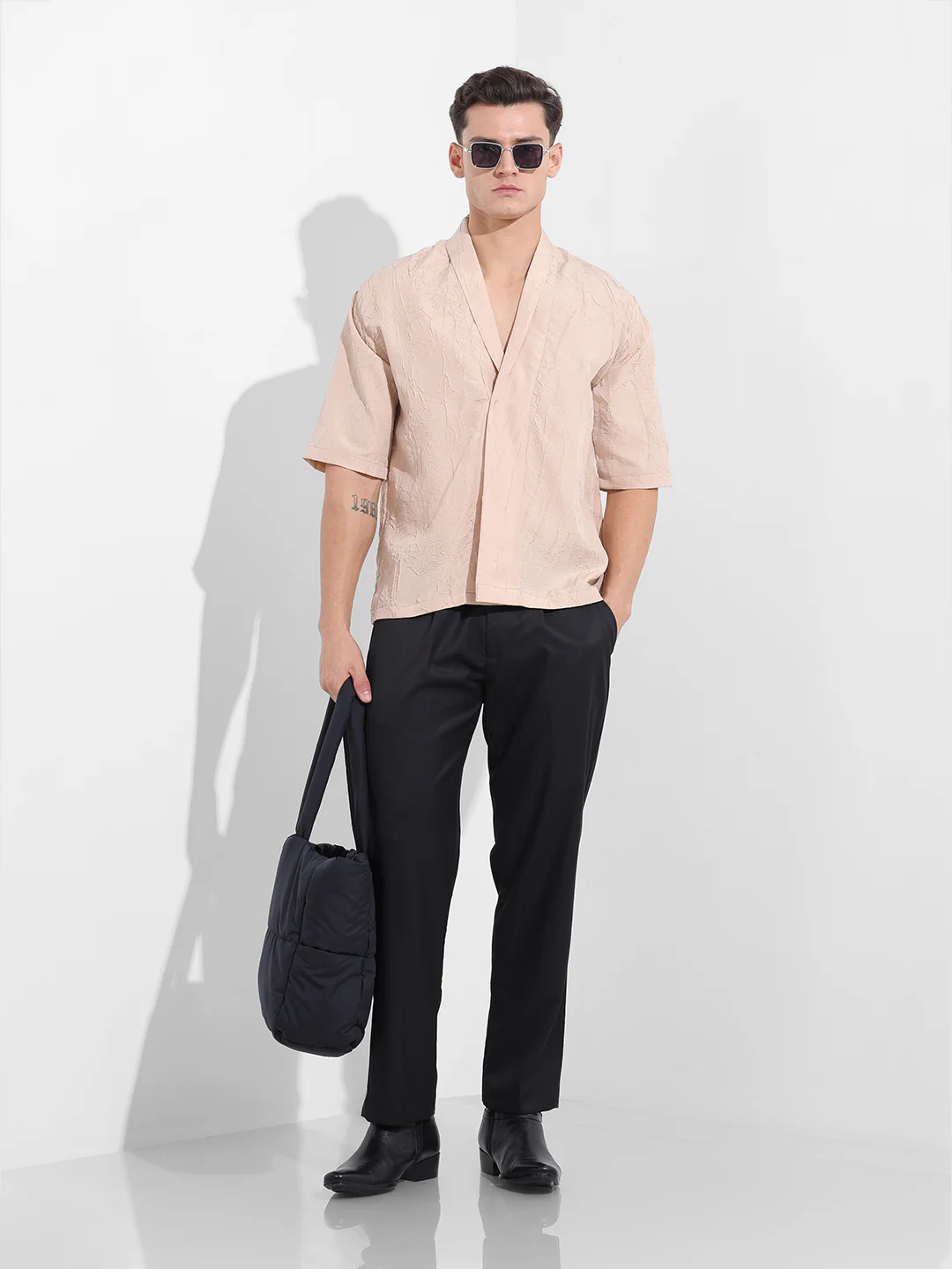 Men's Beige Relaxed Fit Textured Party Wear Shirt - Image 8