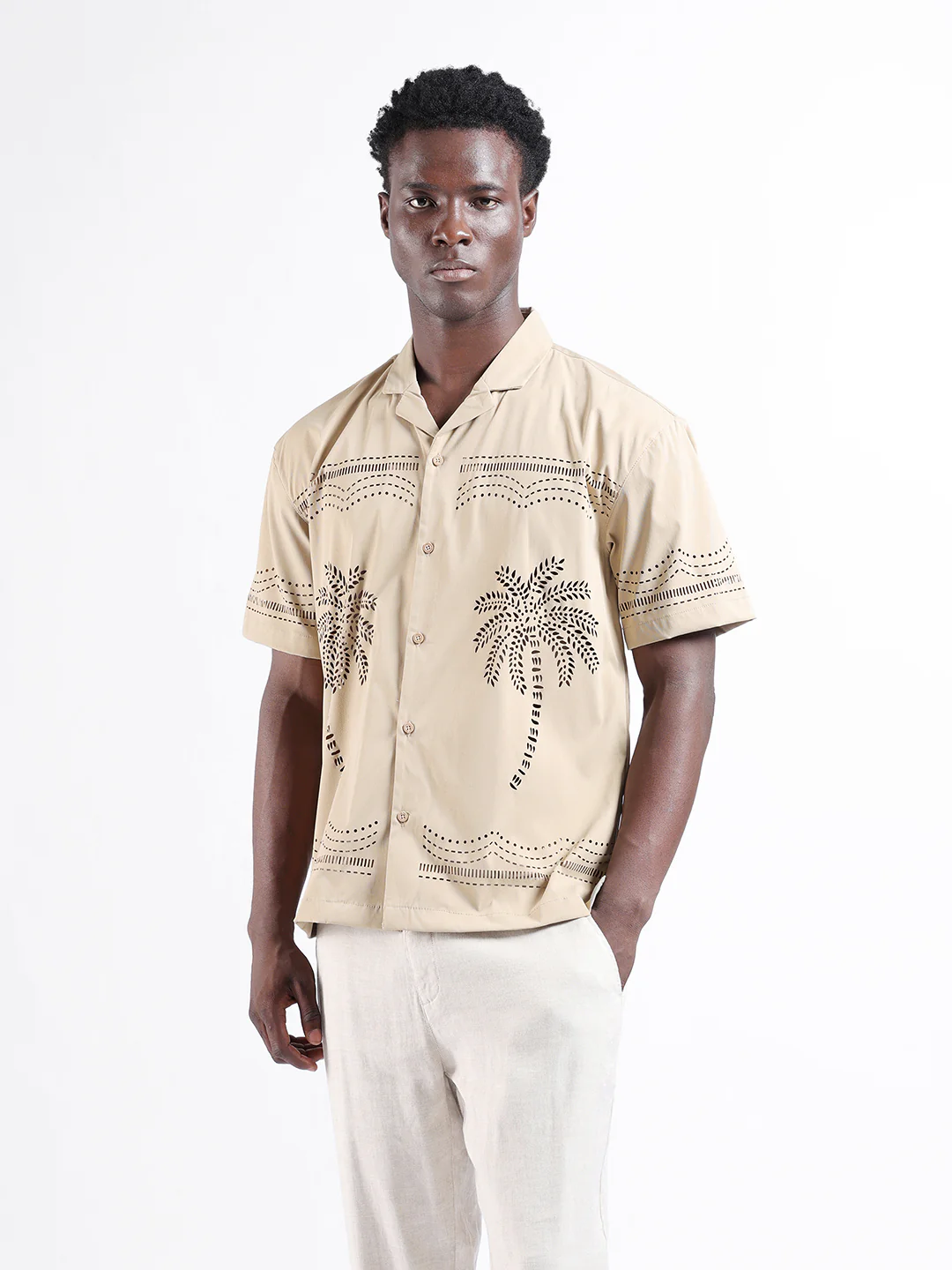 Men's Beige Relaxed Fit Resort Wear Shirt - Image 3