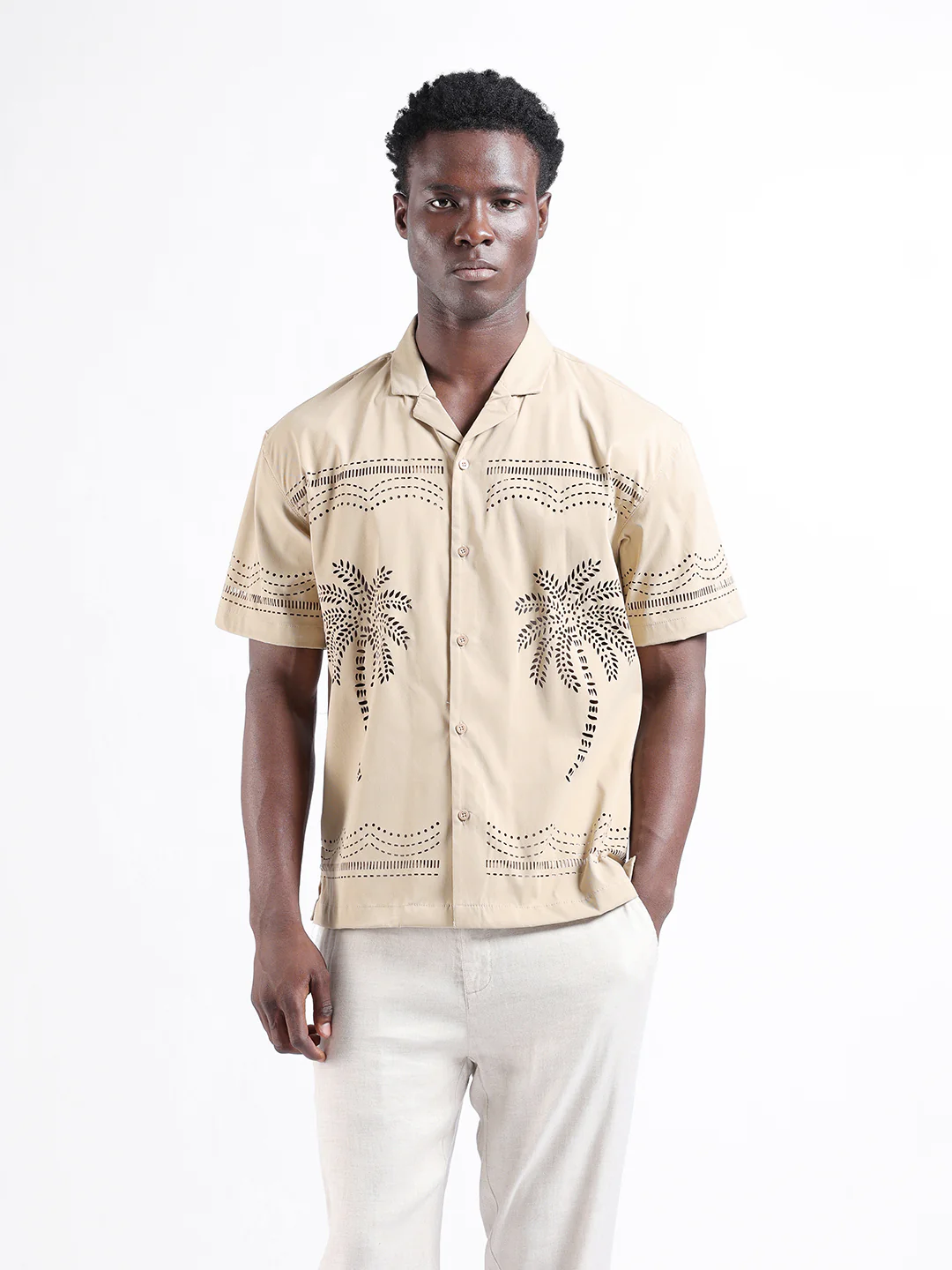 Men's Beige Relaxed Fit Resort Wear Shirt - Image 8