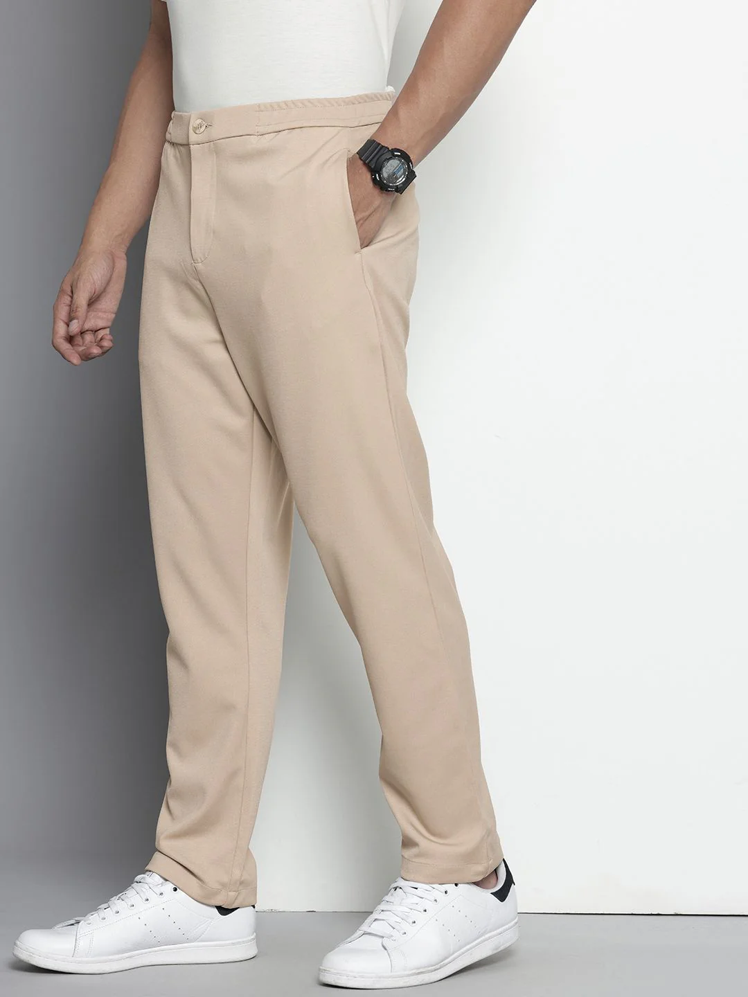 Men's Light Beige Relaxed Fit Solid Casual Chinos - Image 4